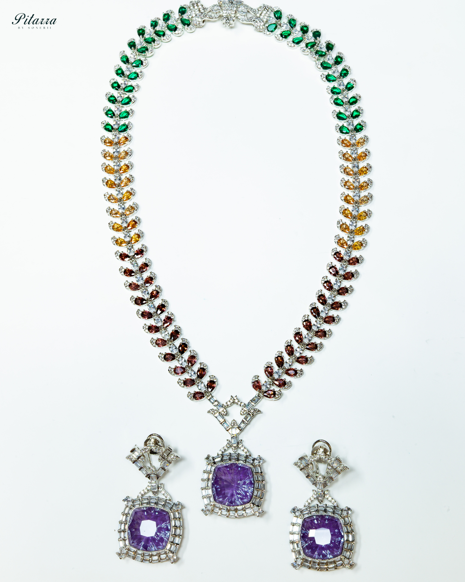 Multicolor Finish Purple Stone Zircon Long Necklace Set_White Background