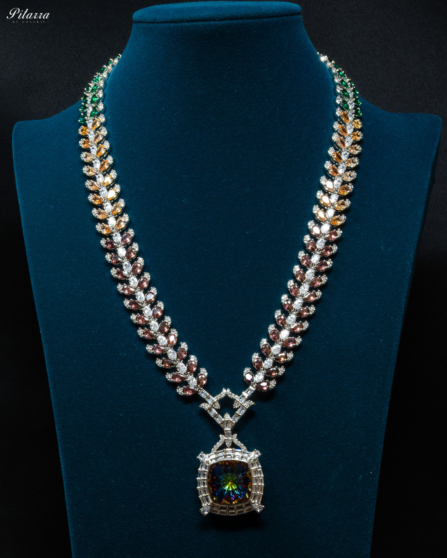 Multicolor Finish Ruby Mystic Topaz Stone Long Necklace Set_Front Image