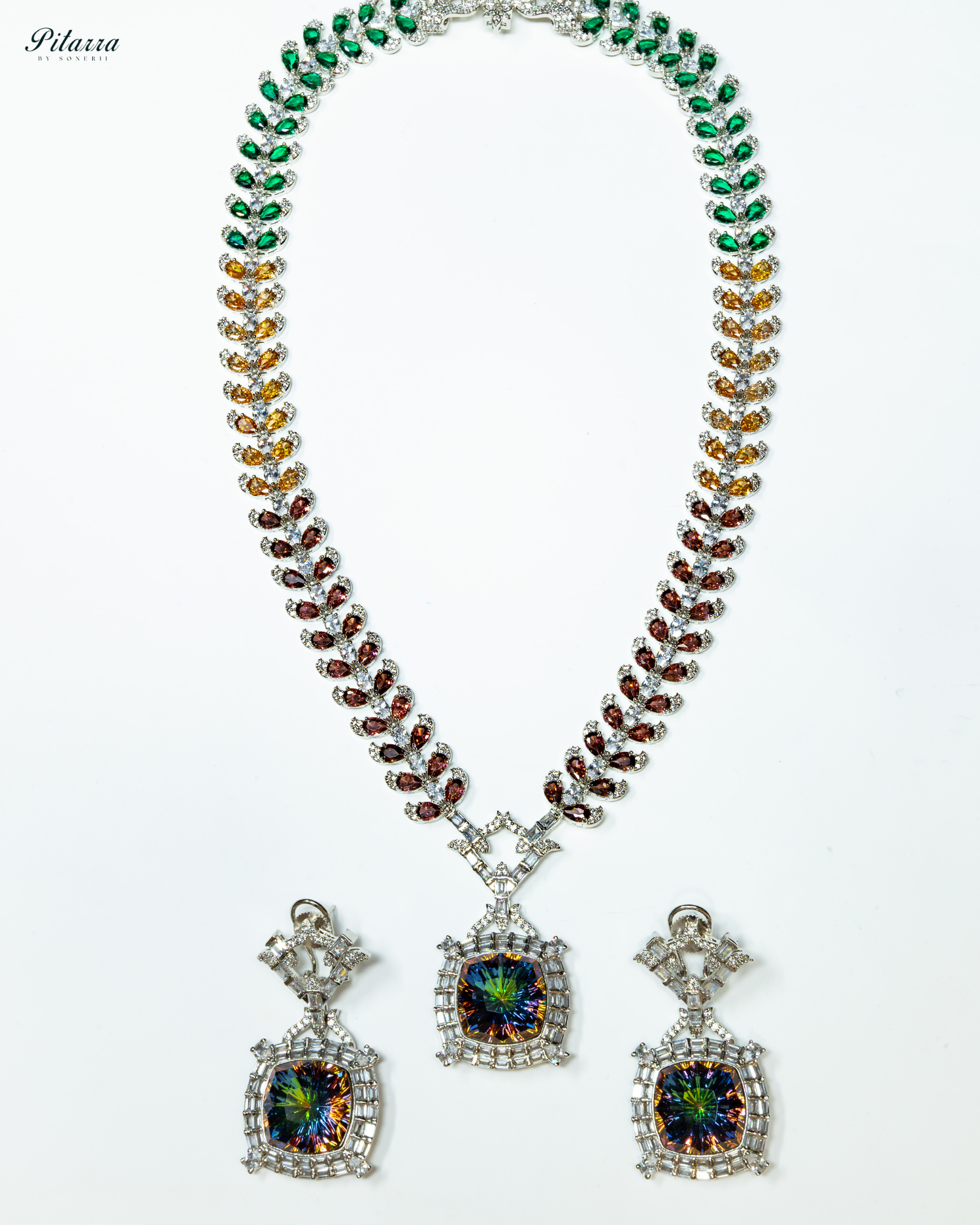Multicolor Finish Ruby Mystic Topaz Stone Long Necklace Set_White Background