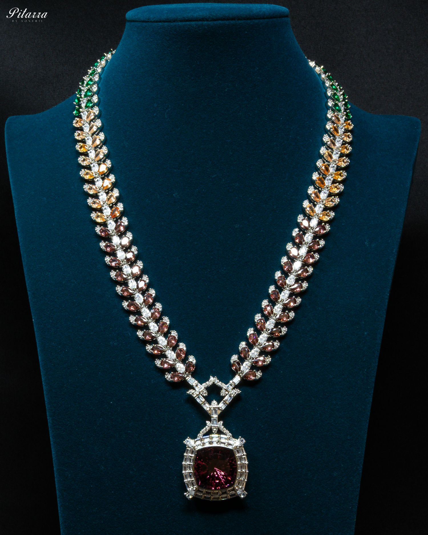 Multicolor Finish Ruby Red Stone Zircon Long Necklace Set_Front Image