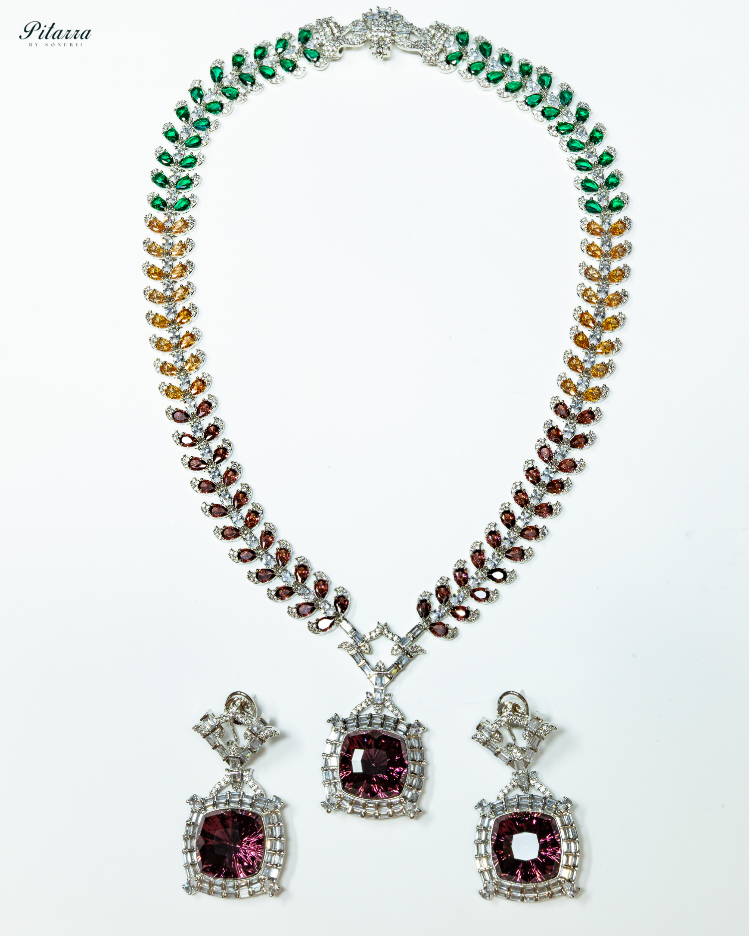 Multicolor Finish Ruby Red Stone Zircon Long Necklace Set_White Background