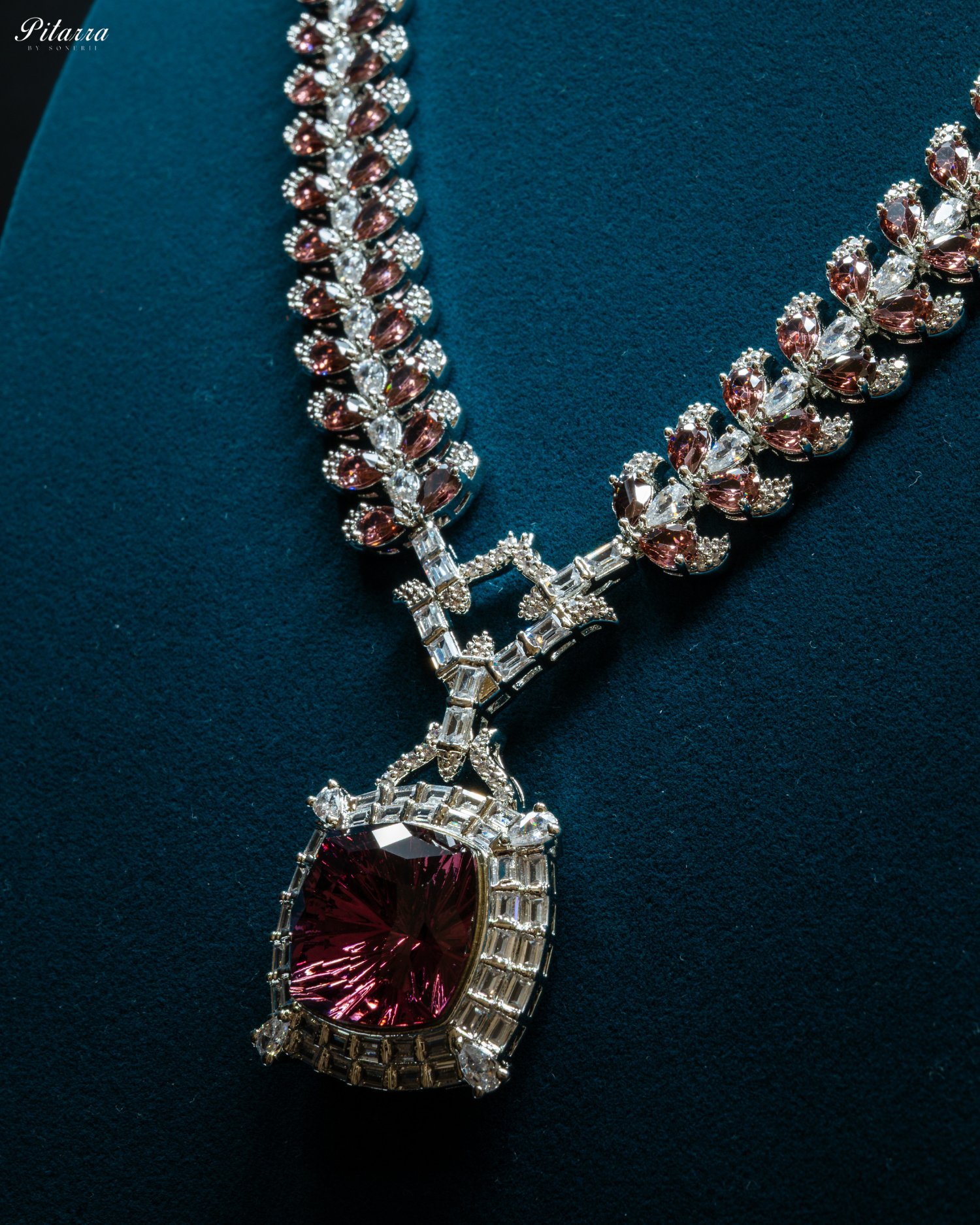 Multicolor Finish Ruby Red Stone Zircon Long Necklace Set_Zoom Angle