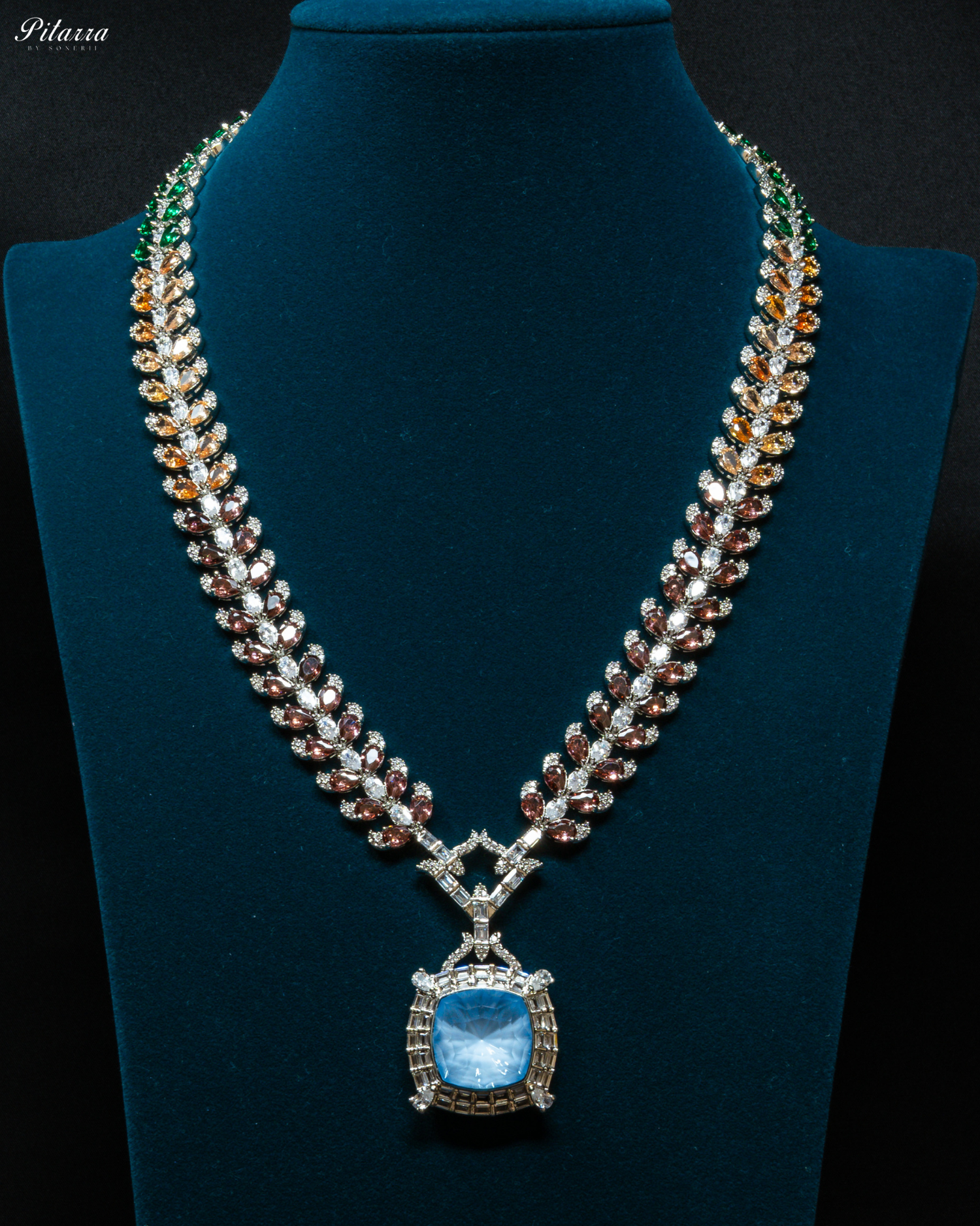 Multicolor Finish Sky Blue Stone Zircon Long Necklace Set_Front Image