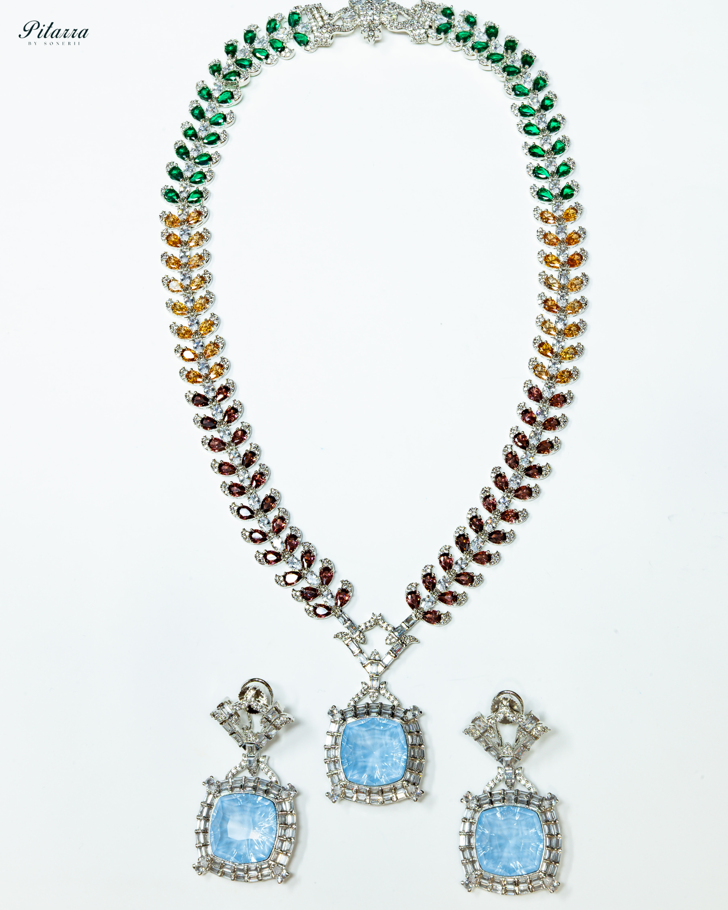 Multicolor Finish Sky Blue Stone Zircon Long Necklace Set_White Background