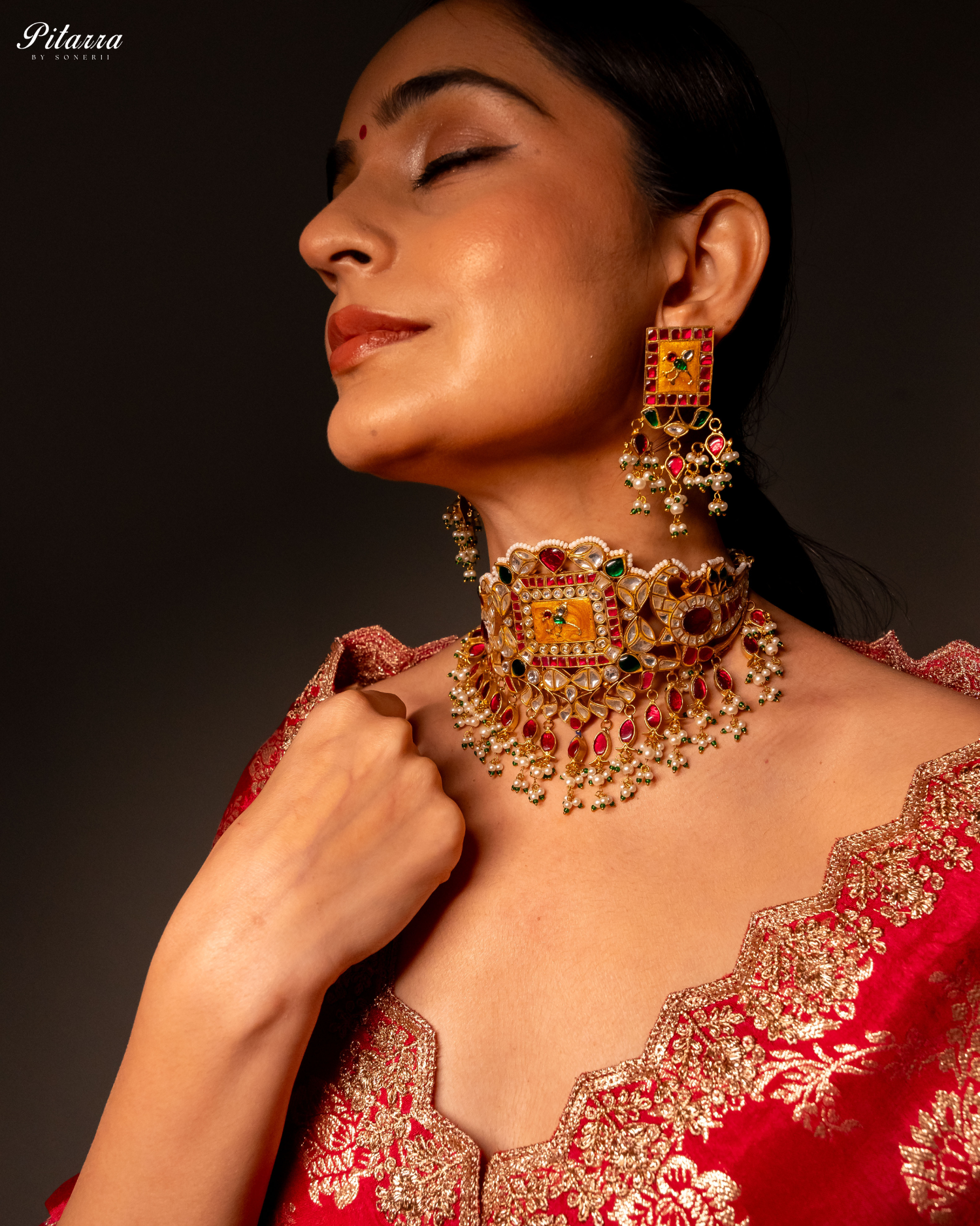 Multicolor Gold Plated Kundan Jadau Necklace Set Full Model Shoot