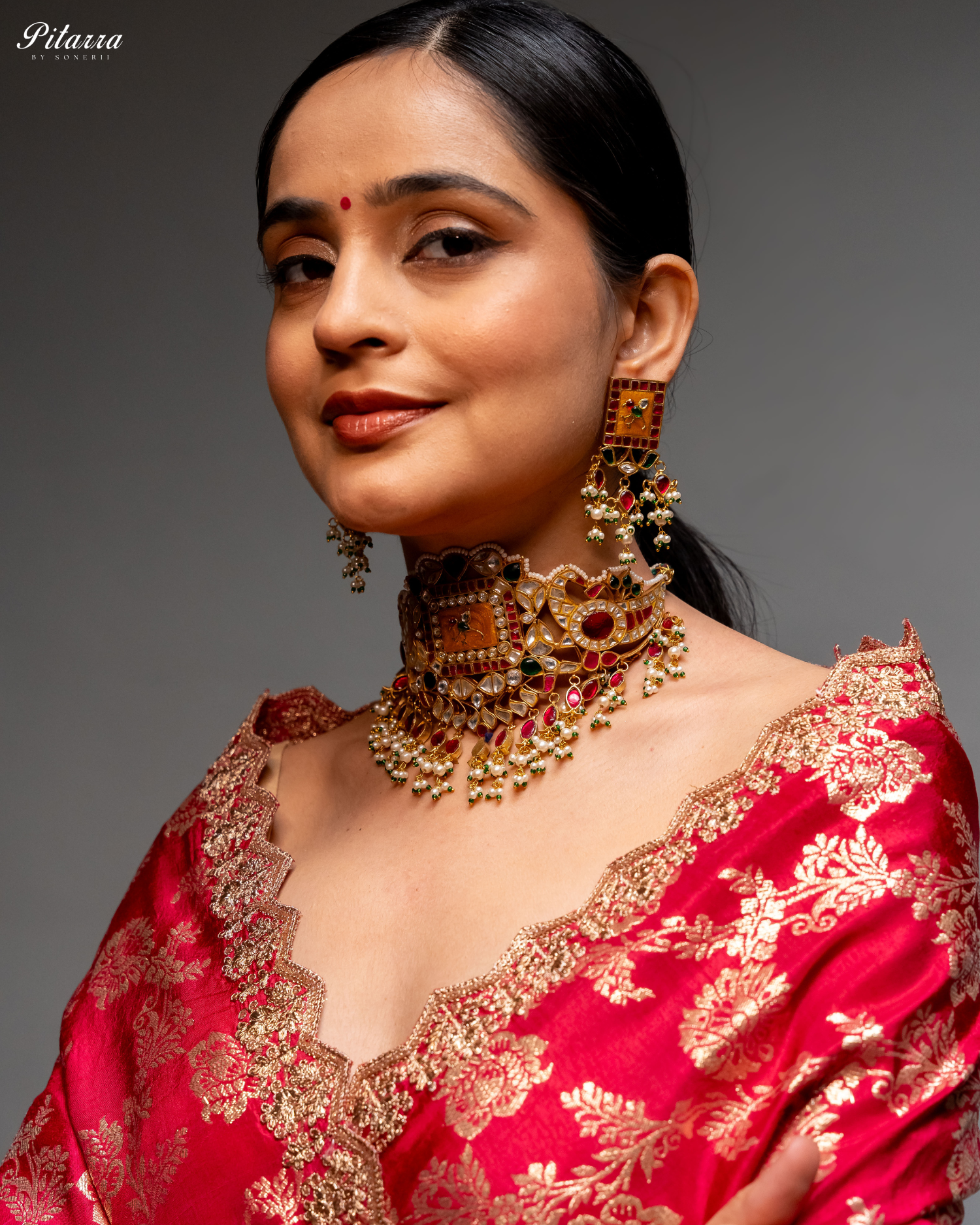 Multicolor Gold Plated Kundan Jadau Necklace Set Model Shoot