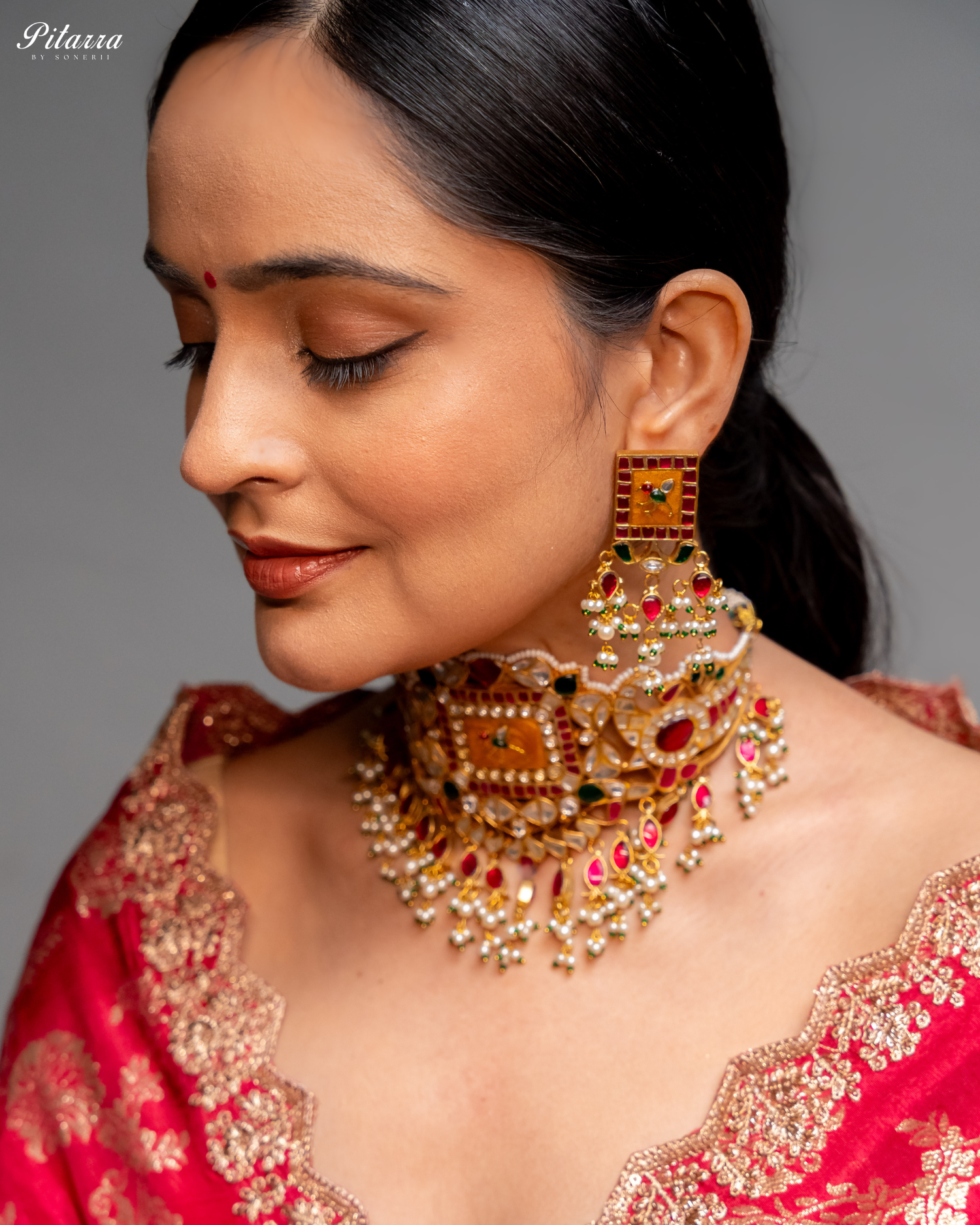 Multicolor Gold Plated Kundan Jadau Necklace Set Model Side Angle