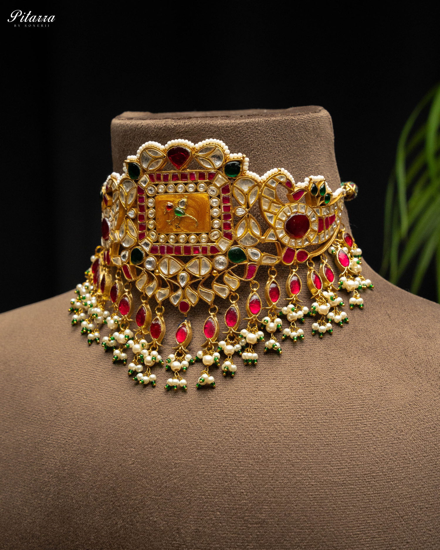 Multicolor Gold Plated Kundan Jadau Necklace Set Side Angle