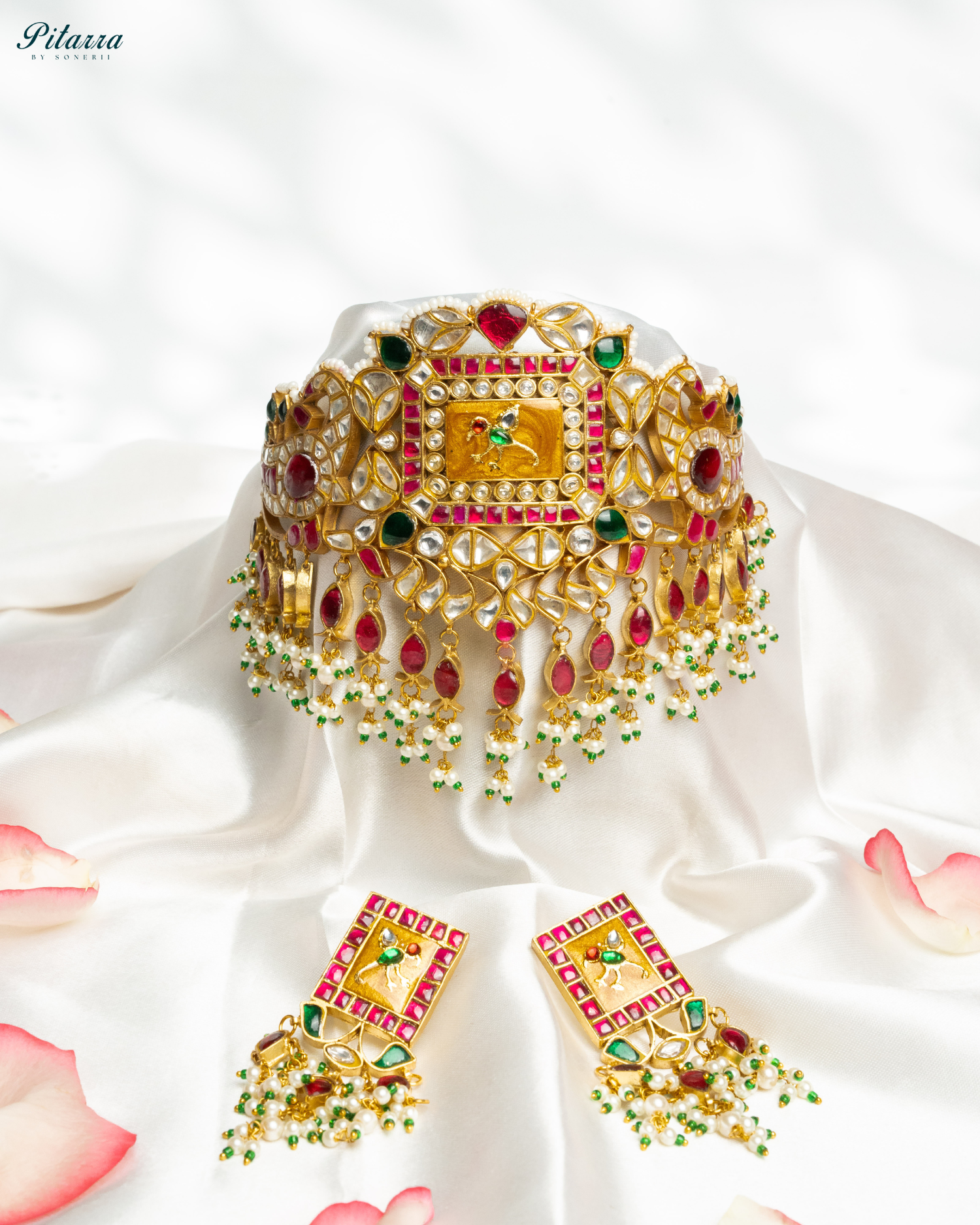 Multicolor Gold Plated Kundan Jadau Necklace Set Style Shoot