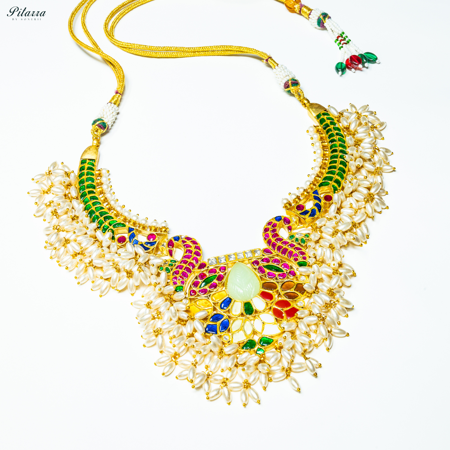 Multicolor_Jadau_Kundan_Guttapusalu_Choker_Set_White Background