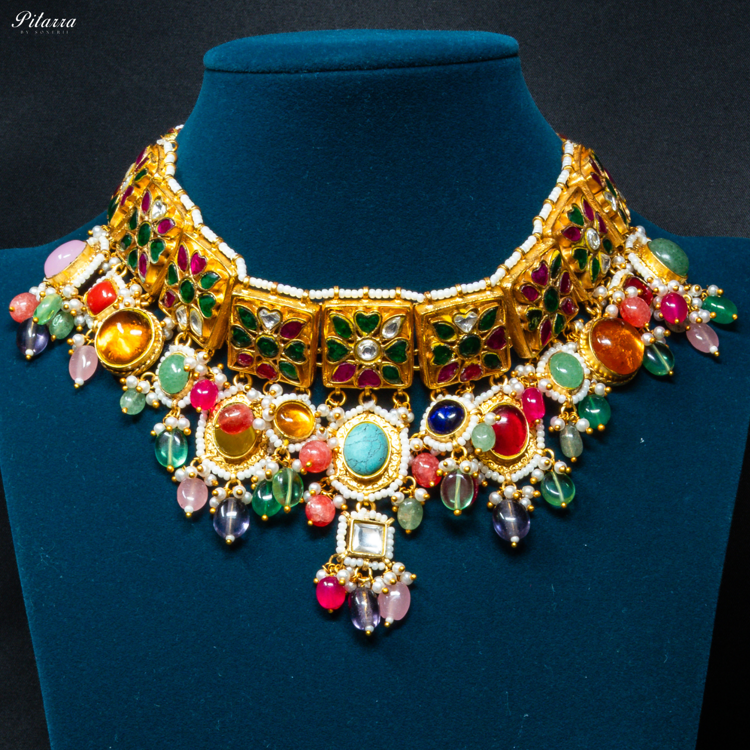 Multicolor_Stone_Studded_Golden_Choker_Set_Front_Image