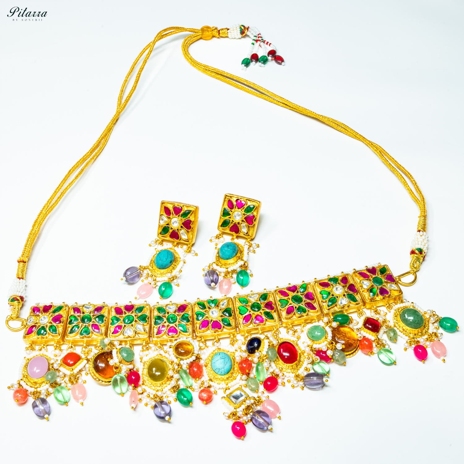 Multicolor_Stone_Studded_Golden_Choker_Set_White Background