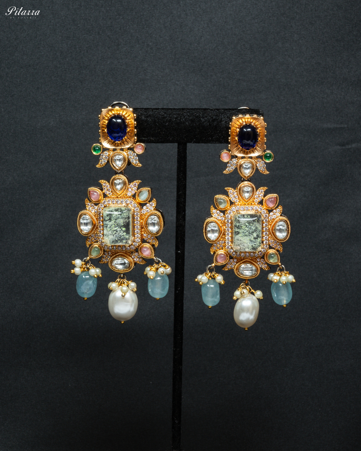 Navaratna with Lime Yellow Doublet Centre Stones Choker Set_Earrings