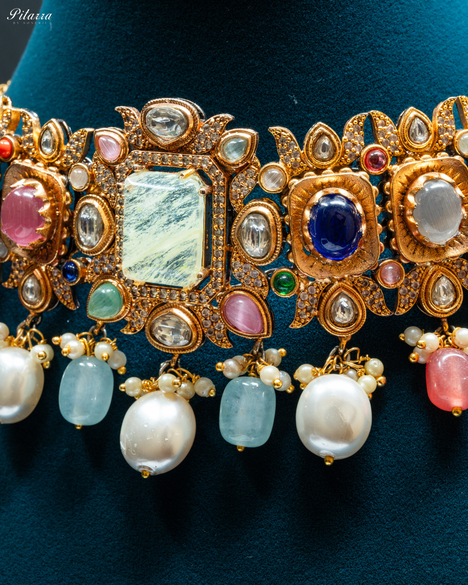 Navaratna with Lime Yellow Doublet Centre Stones Choker Set_Zoom Angle