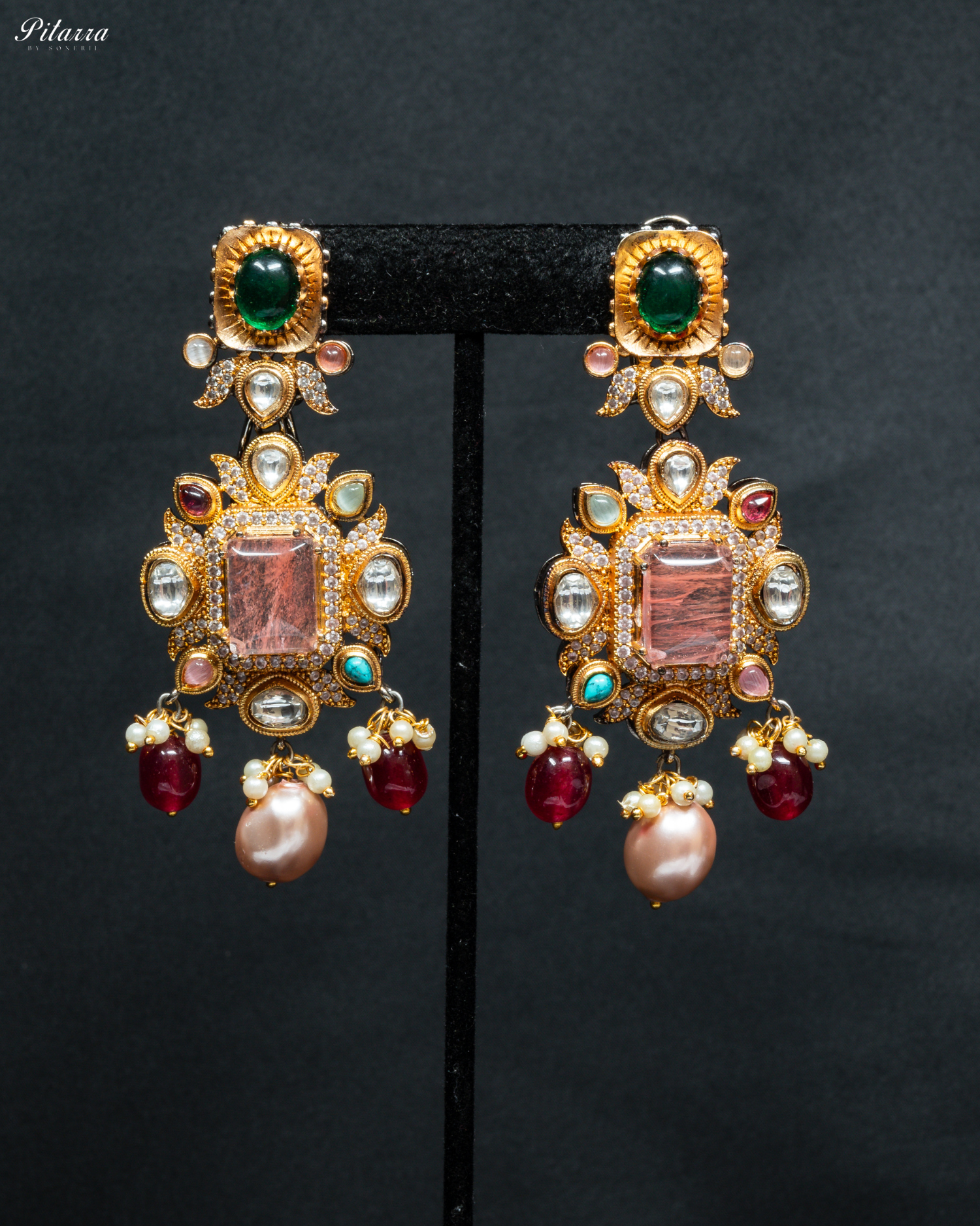 Navaratna with Peach Doublet Centre Stones Choker Set_Earrings
