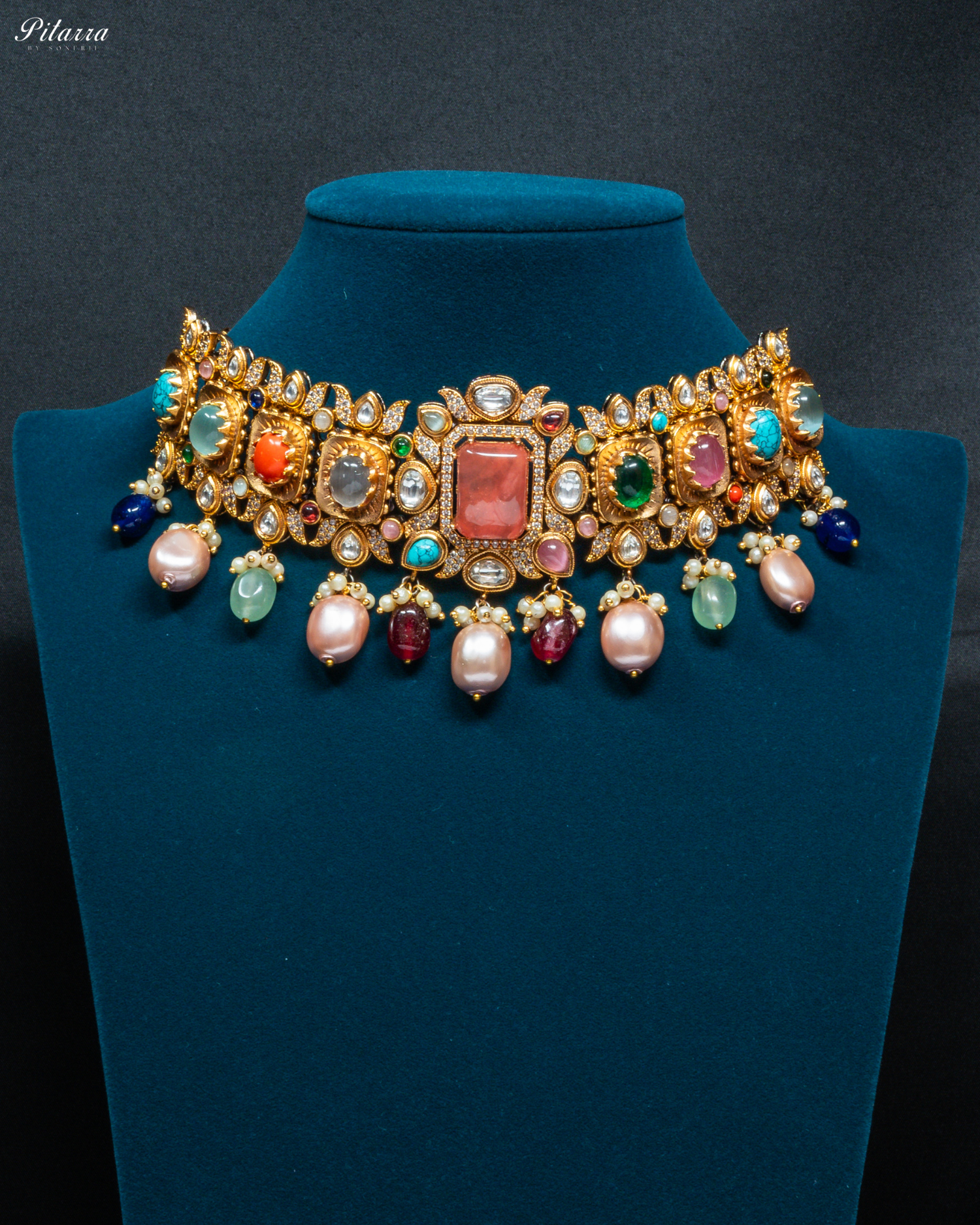 Navaratna with Peach Doublet Centre Stones Choker Set_Front Image
