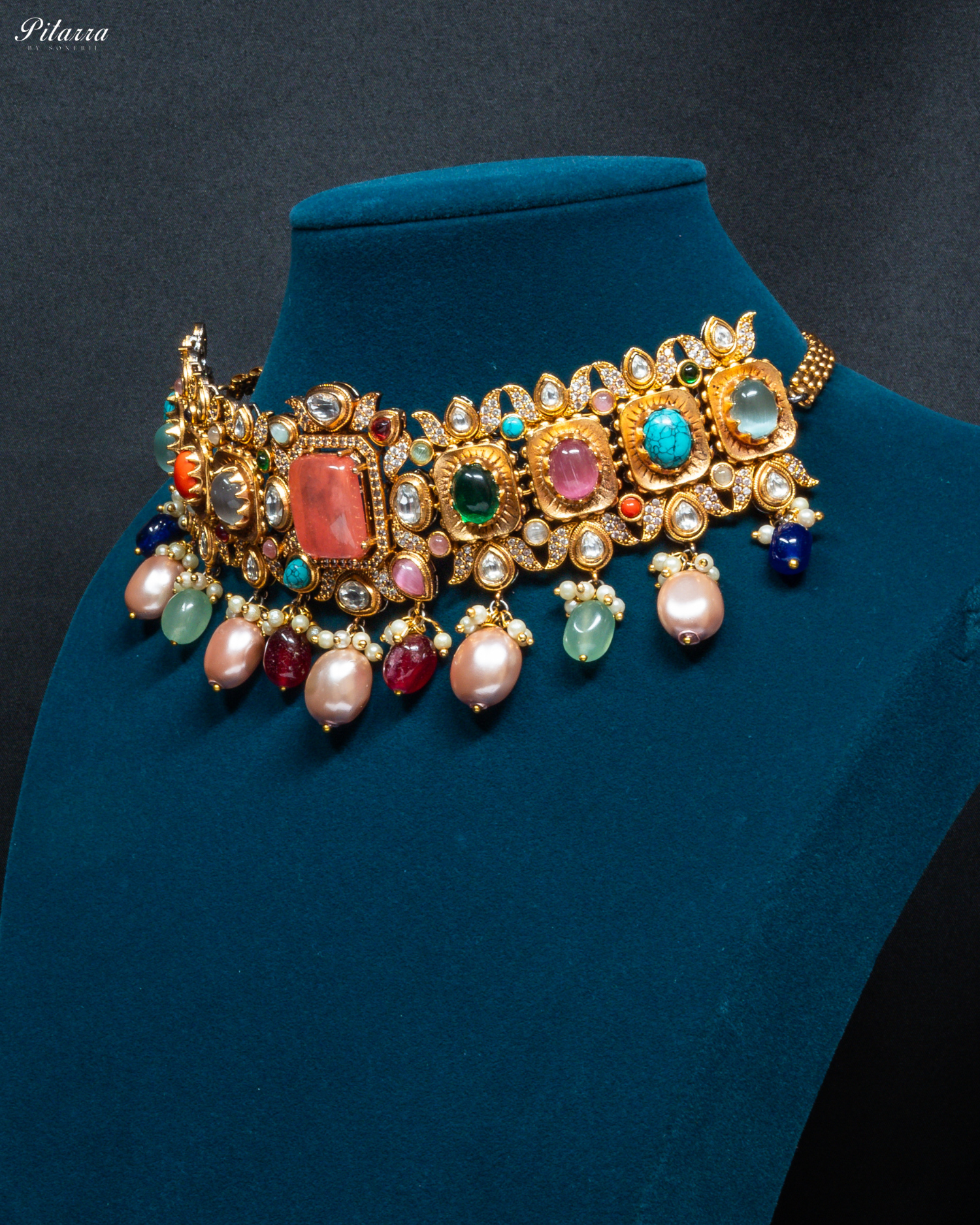 Navaratna with Peach Doublet Centre Stones Choker Set_Side Angle