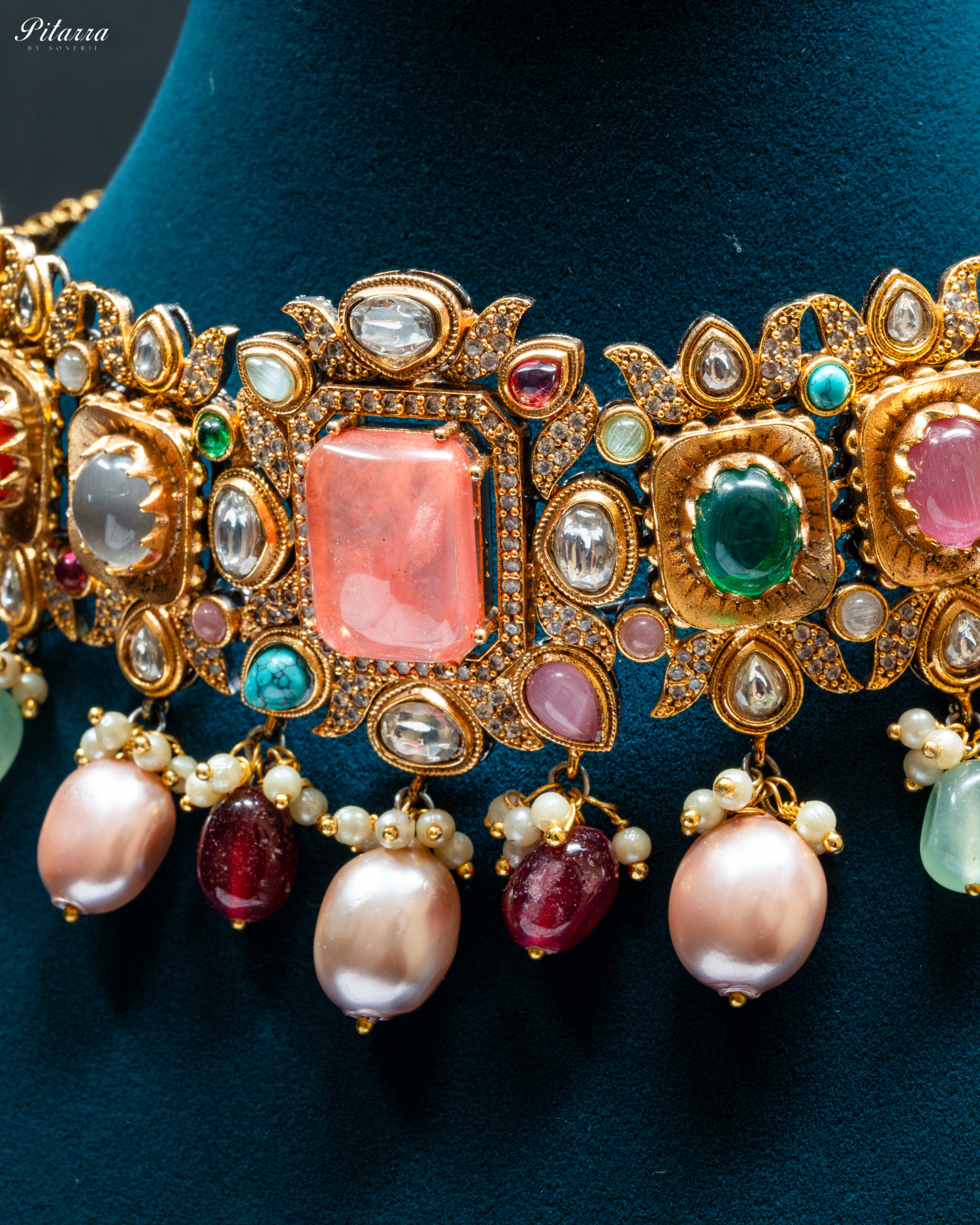 Navaratna with Peach Doublet Centre Stones Choker Set_Zoom Angle