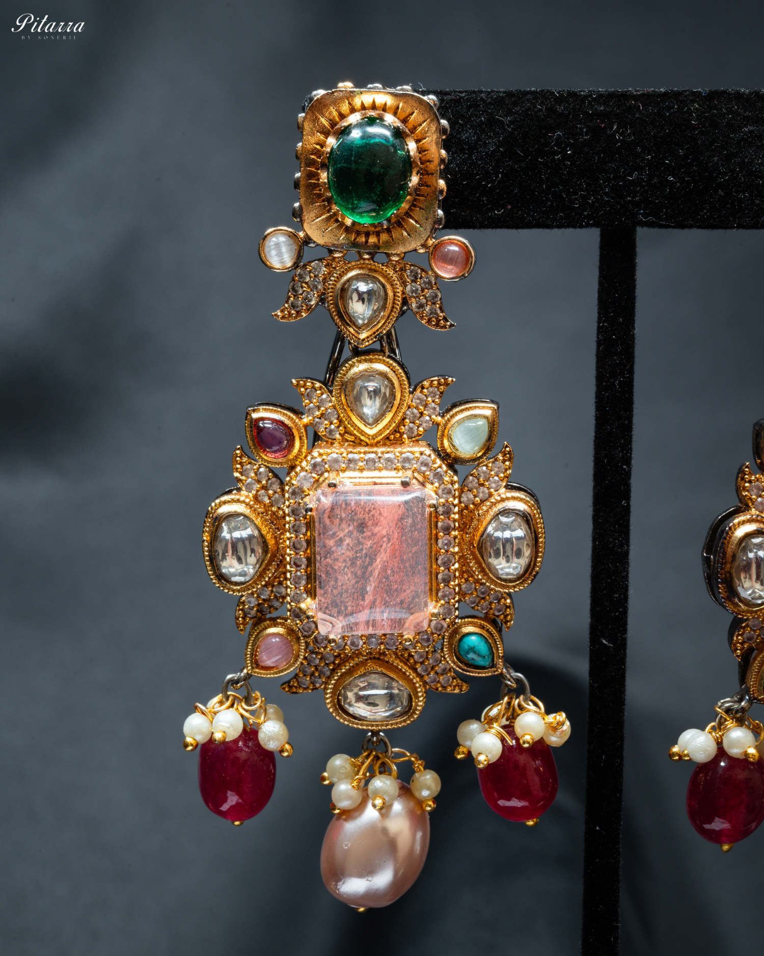Navaratna with Peach Doublet Centre Stones Choker Set_Zoom Earrings