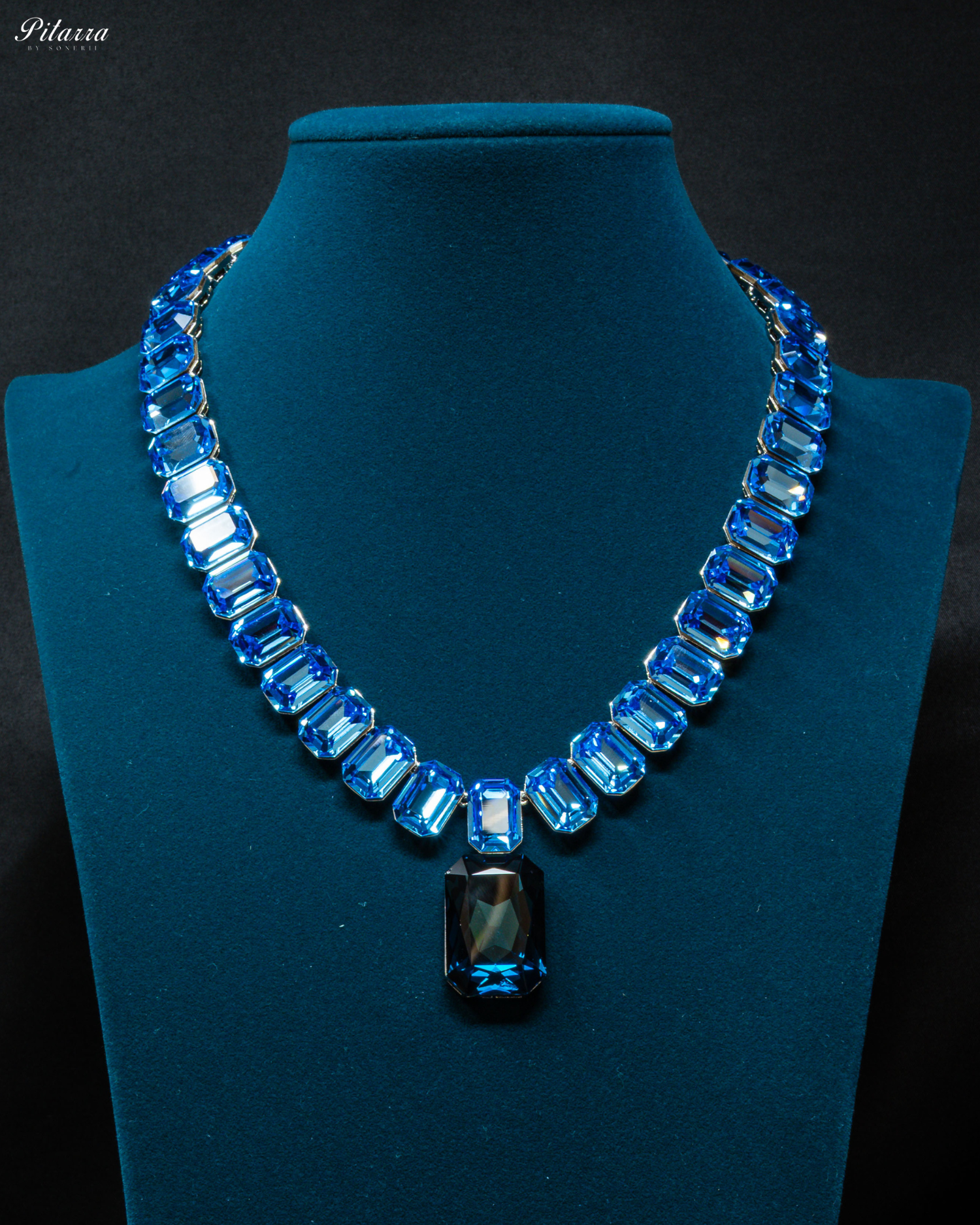 Navy Blue Stone Square Blue Crystal Necklae Set_Front Image