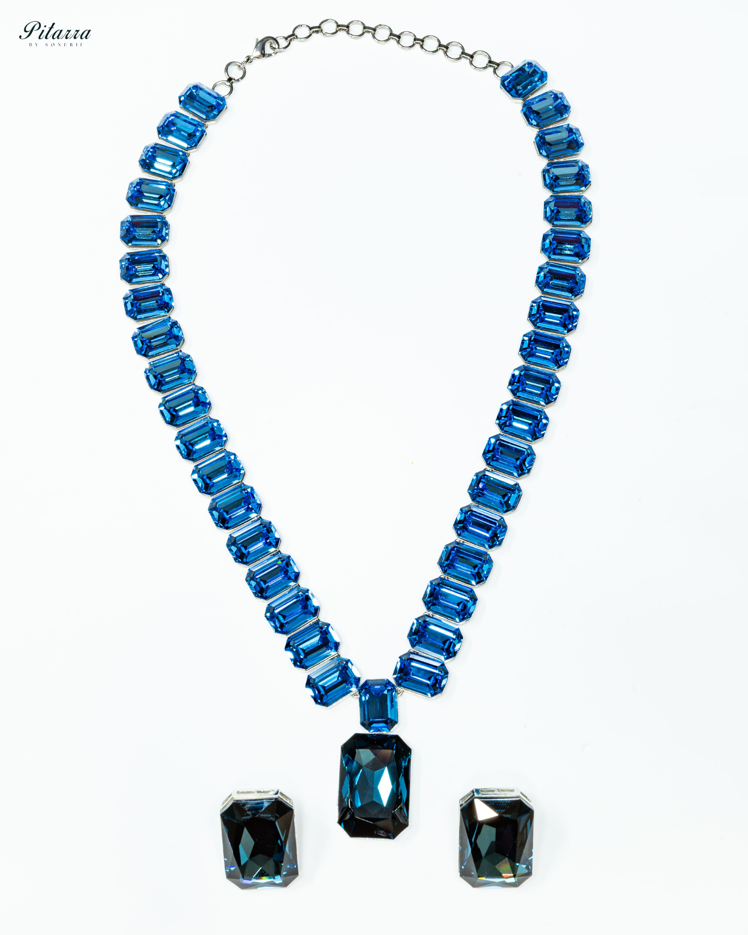 Navy Blue Stone Square Blue Crystal Necklae Set_White Background