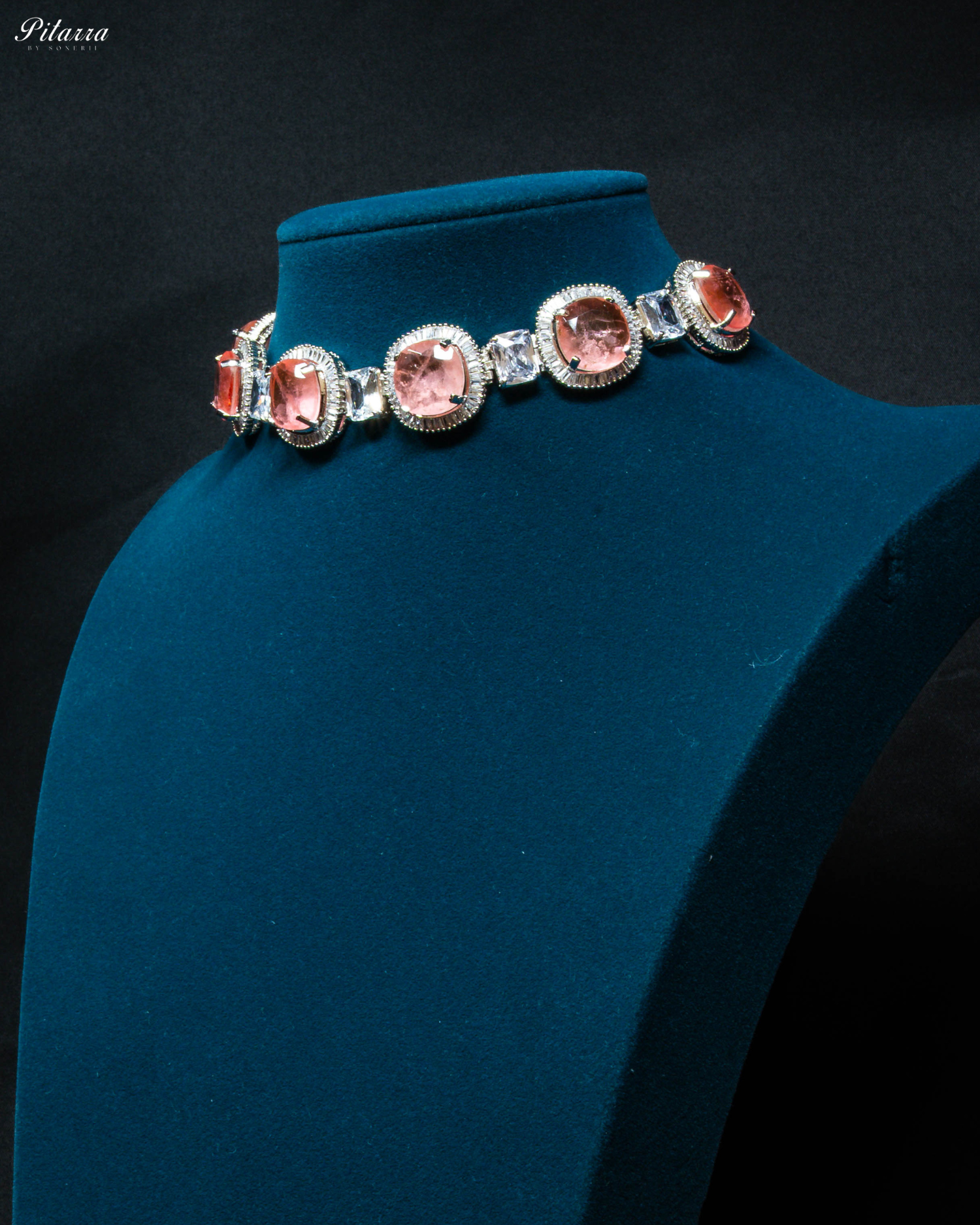 Peach Stone Silver CZ Choker Necklace Set_Side Angle