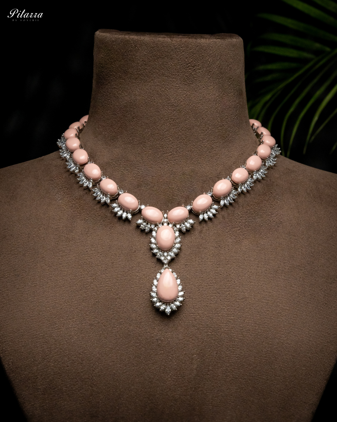 Peach Zircon Silver Necklace Set_Necklace