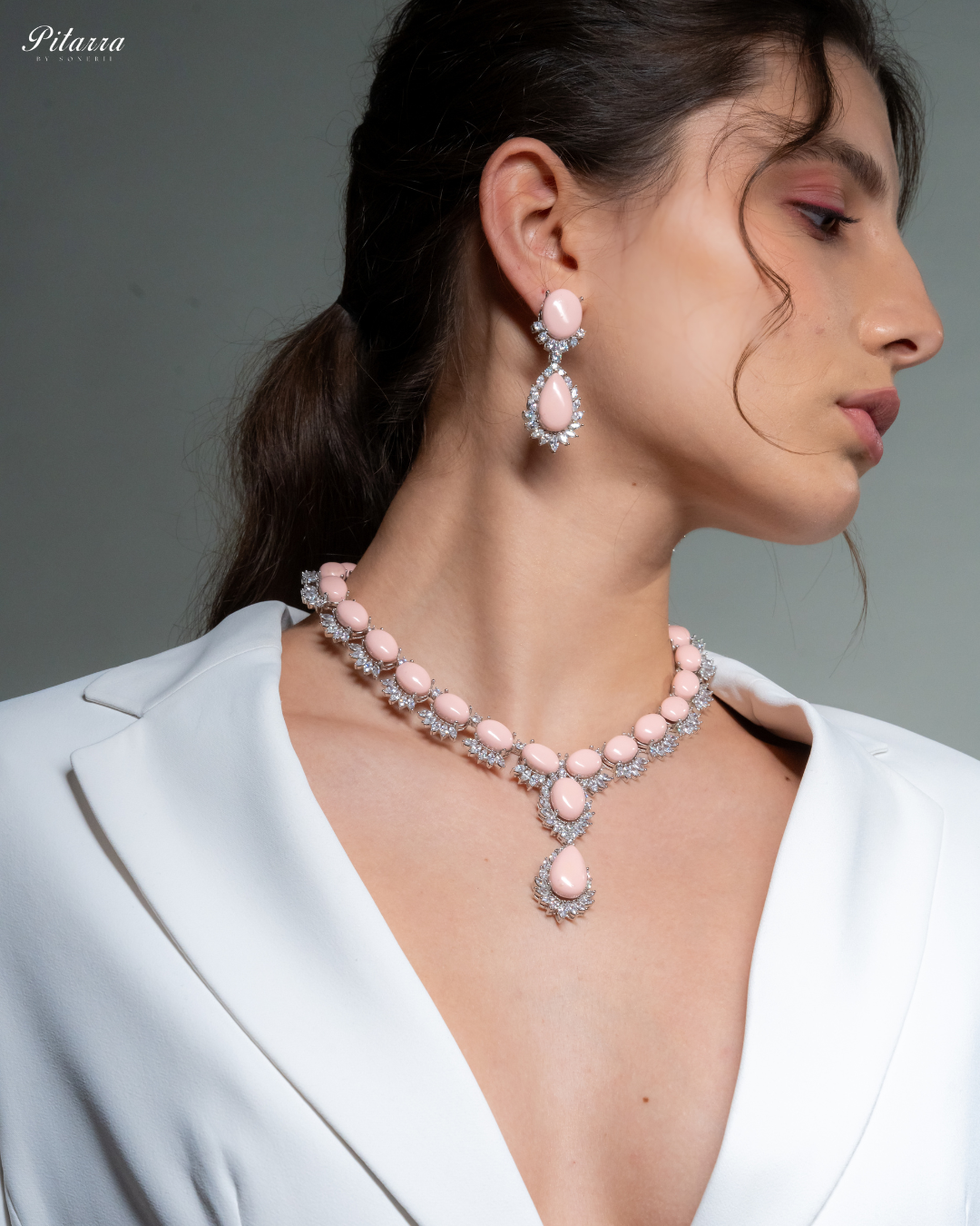 Peach Zircon Silver Necklace Set_Right Angle