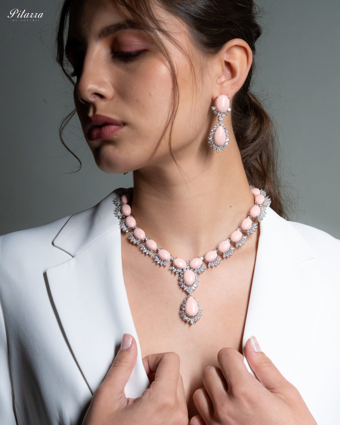 Peach Zircon Silver Necklace Set_Side Angle