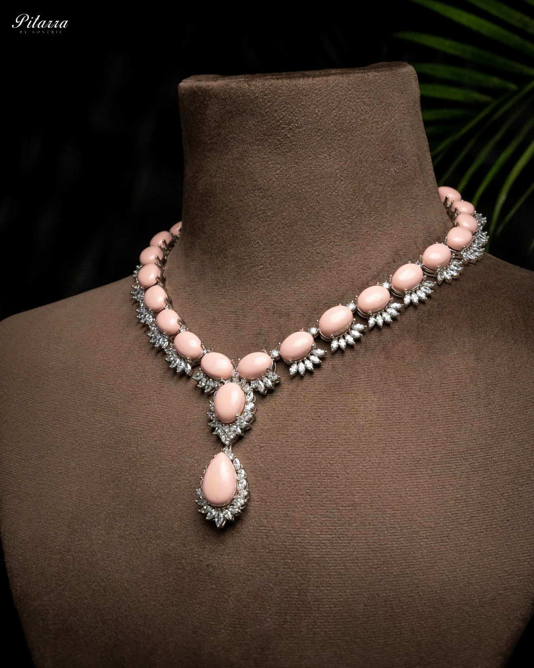 Peach Zircon Silver Necklace Set_Side Image