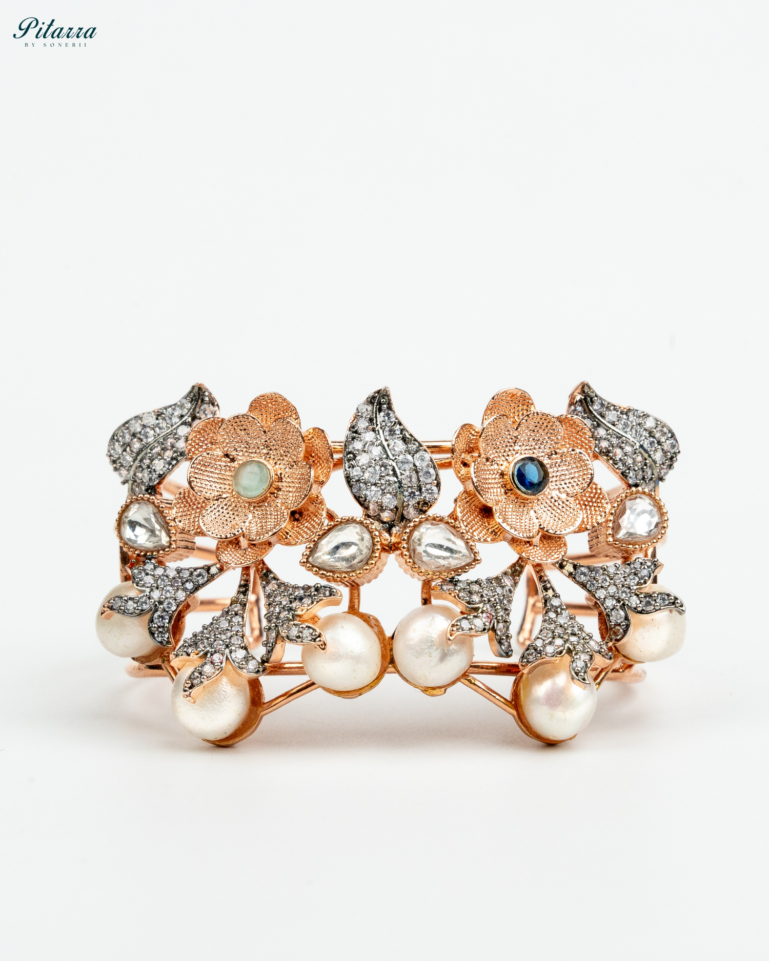 Pearls Fusion Bangle with Flower in Rose Gold Luxury Fusion Jewelry