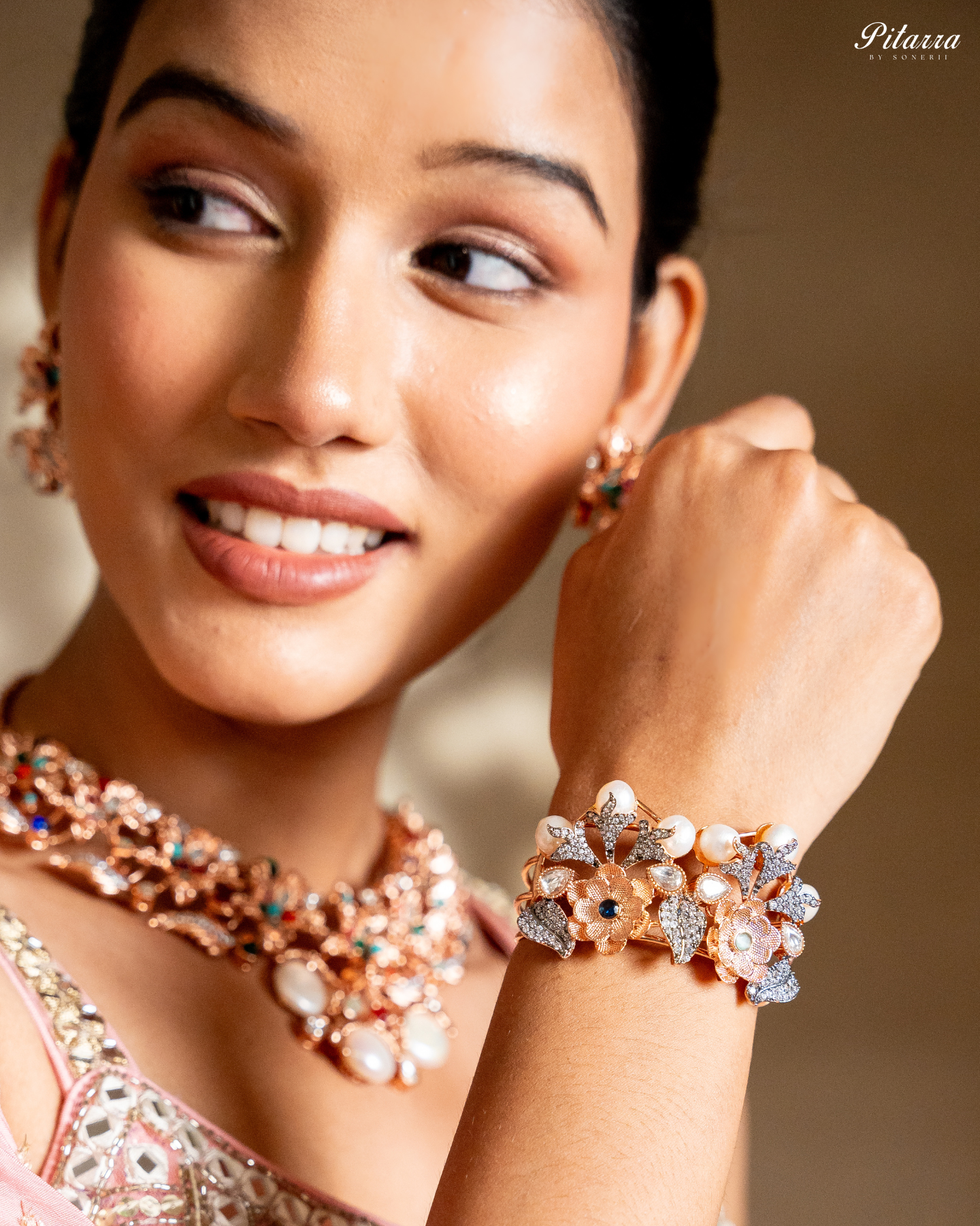Pearls Fusion Bangle with Flower in Rose Gold Luxury Fusion Jewelry Hand Shoot