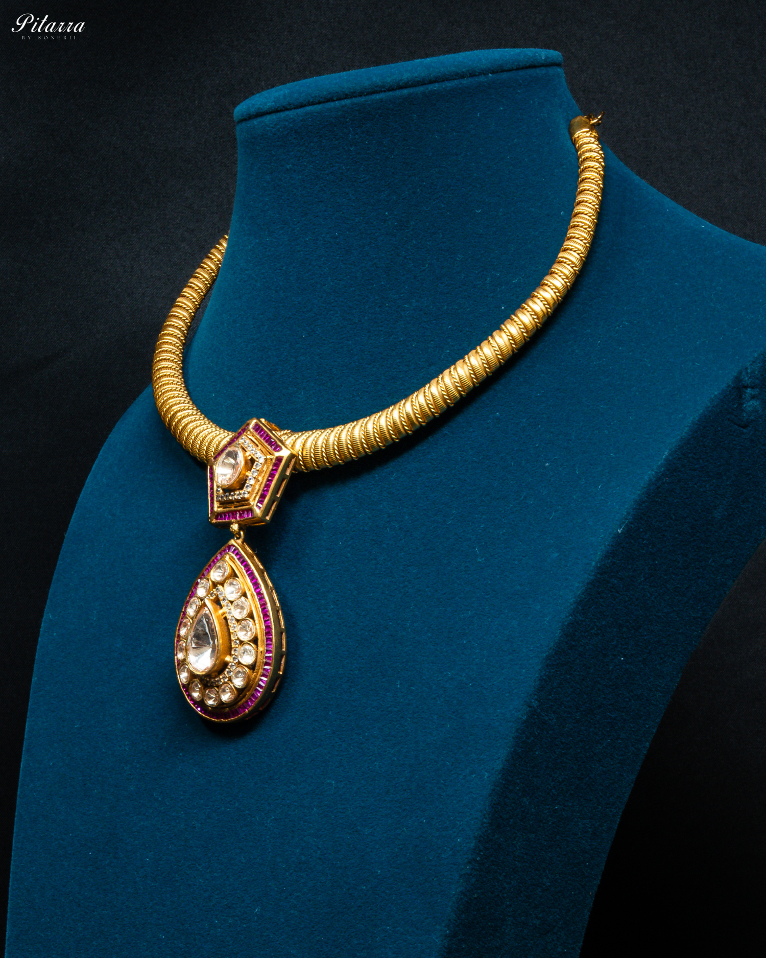 Pink Layer Gold Polki Kundan Necklace Set_Side Angle