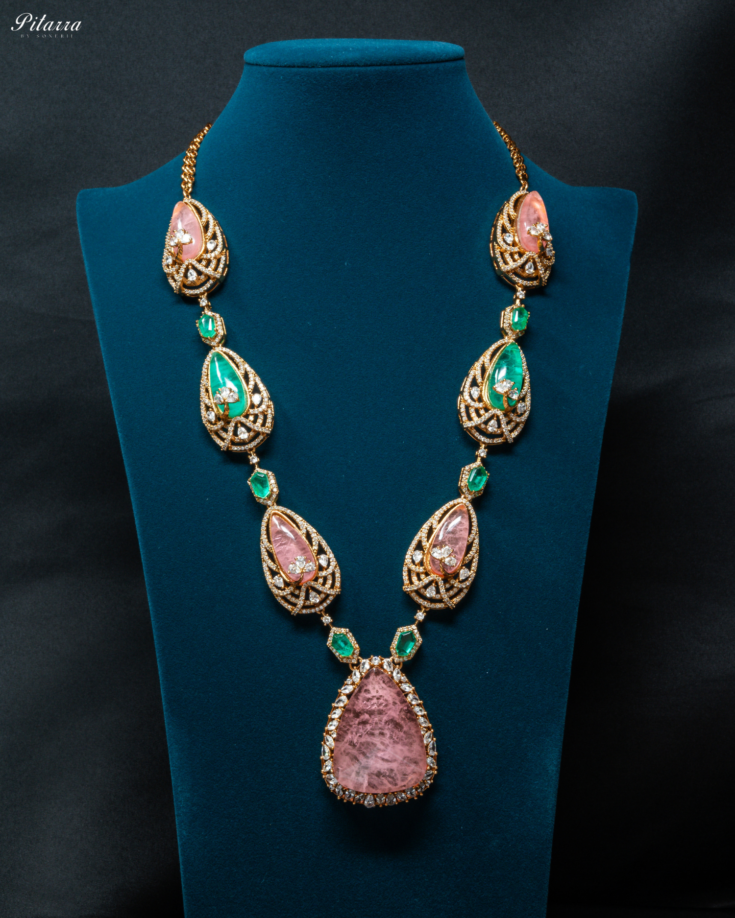 Pink and Green Doublet Stone with CZ Necklace Set_Front Image