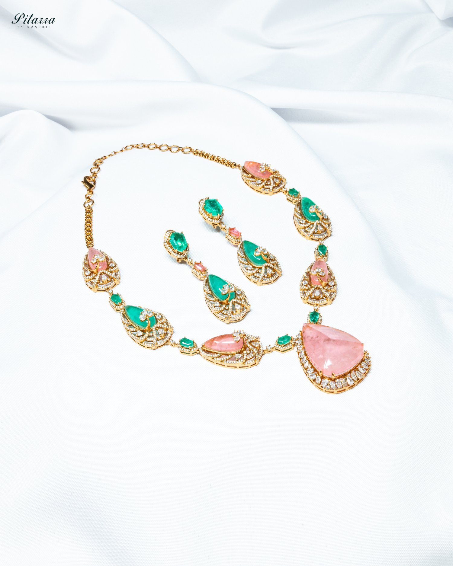 Pink and Green Doublet Stone with CZ Necklace Set_White Background