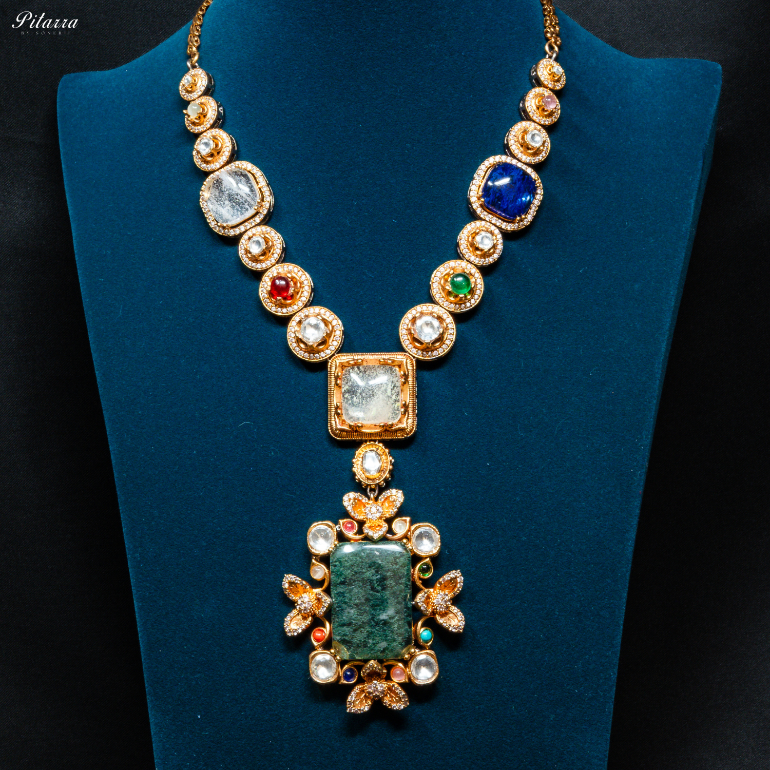 Pitarra Long Green Emerald Kundan Necklace Set