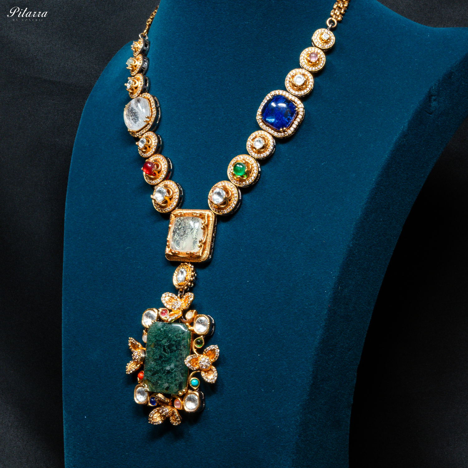 Pitarra Long Green Emerald Kundan Necklace Set