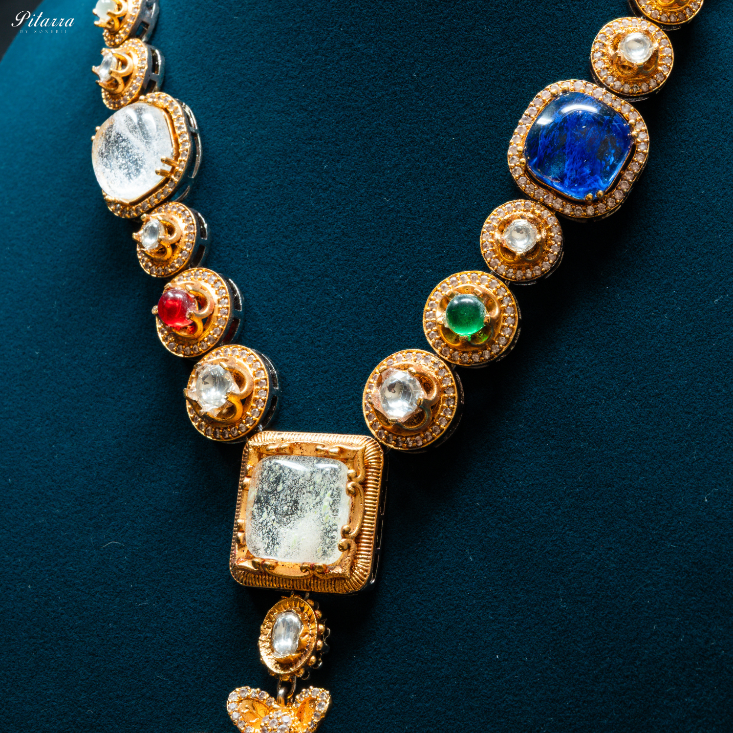 Pitarra Long Green Emerald Kundan Necklace Set