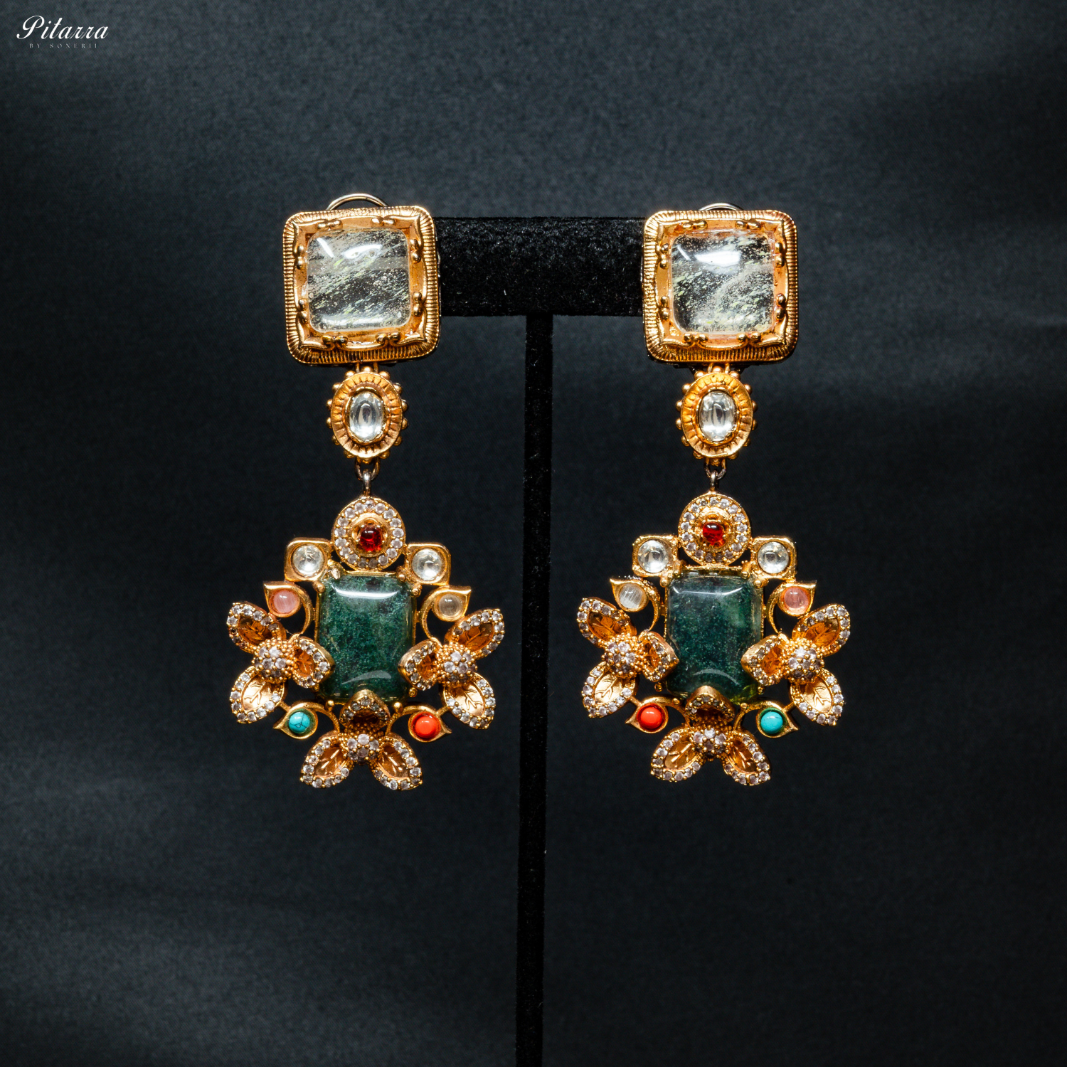 Pitarra Long Green Emerald Kundan Necklace Set