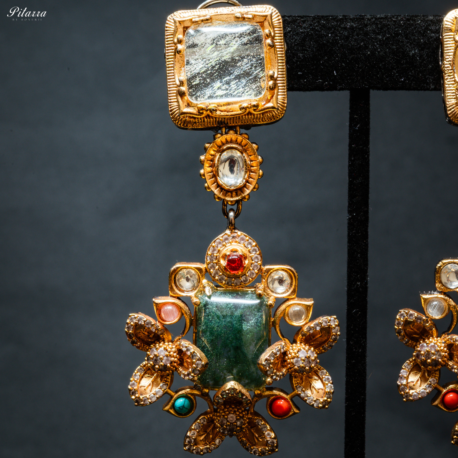 Pitarra Long Green Emerald Kundan Necklace Set