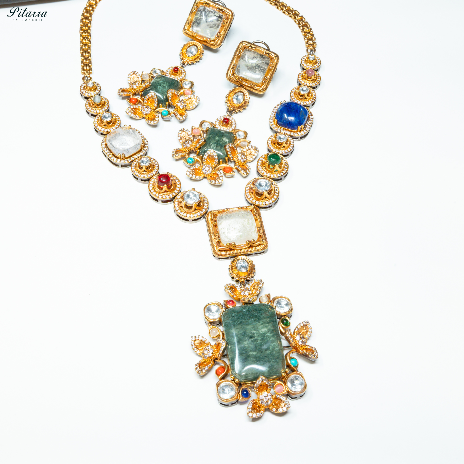 Pitarra Long Green Emerald Kundan Necklace Set