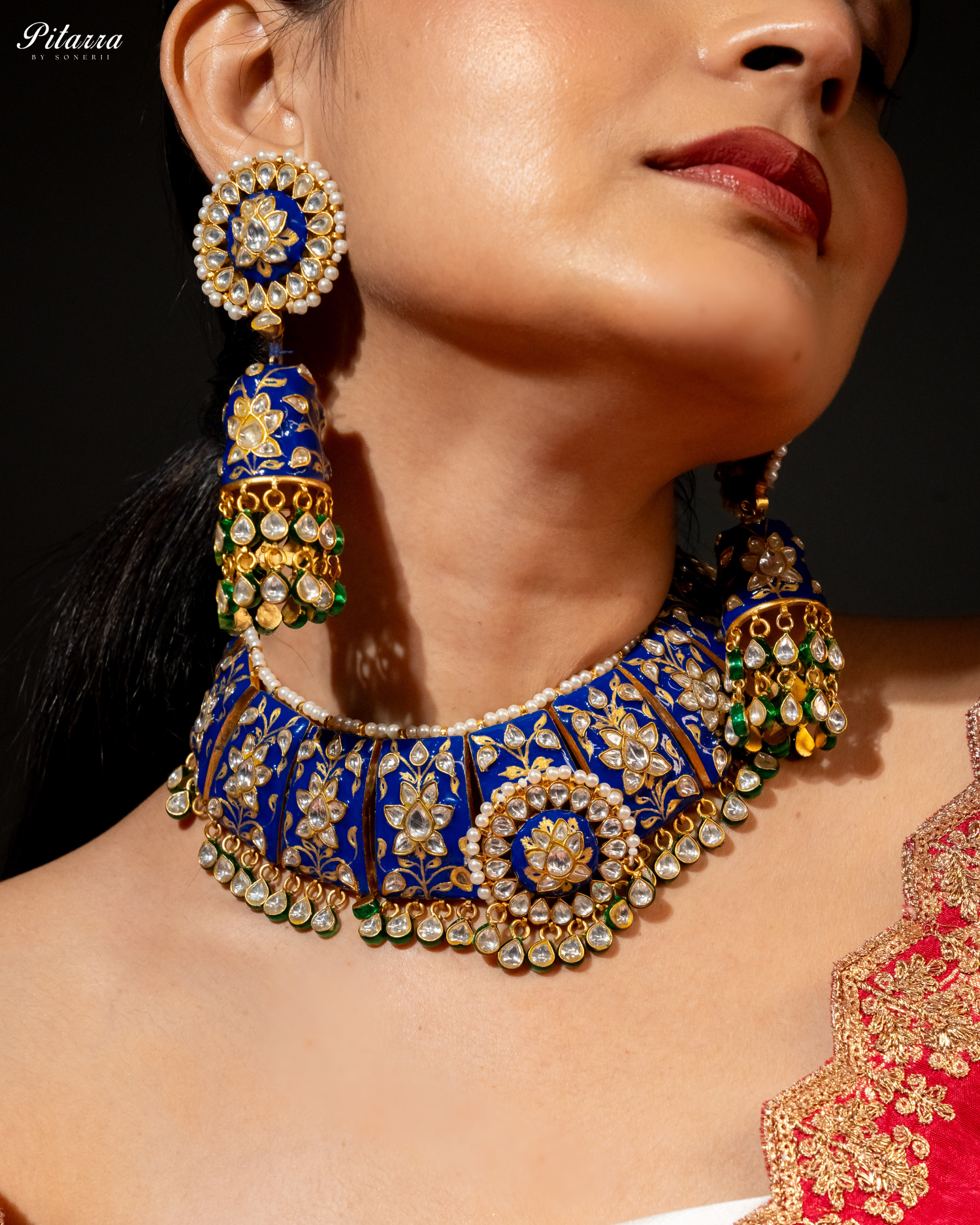 Pitarra Blue Polki Kundan Necklace Set with White Beads Model Shoot