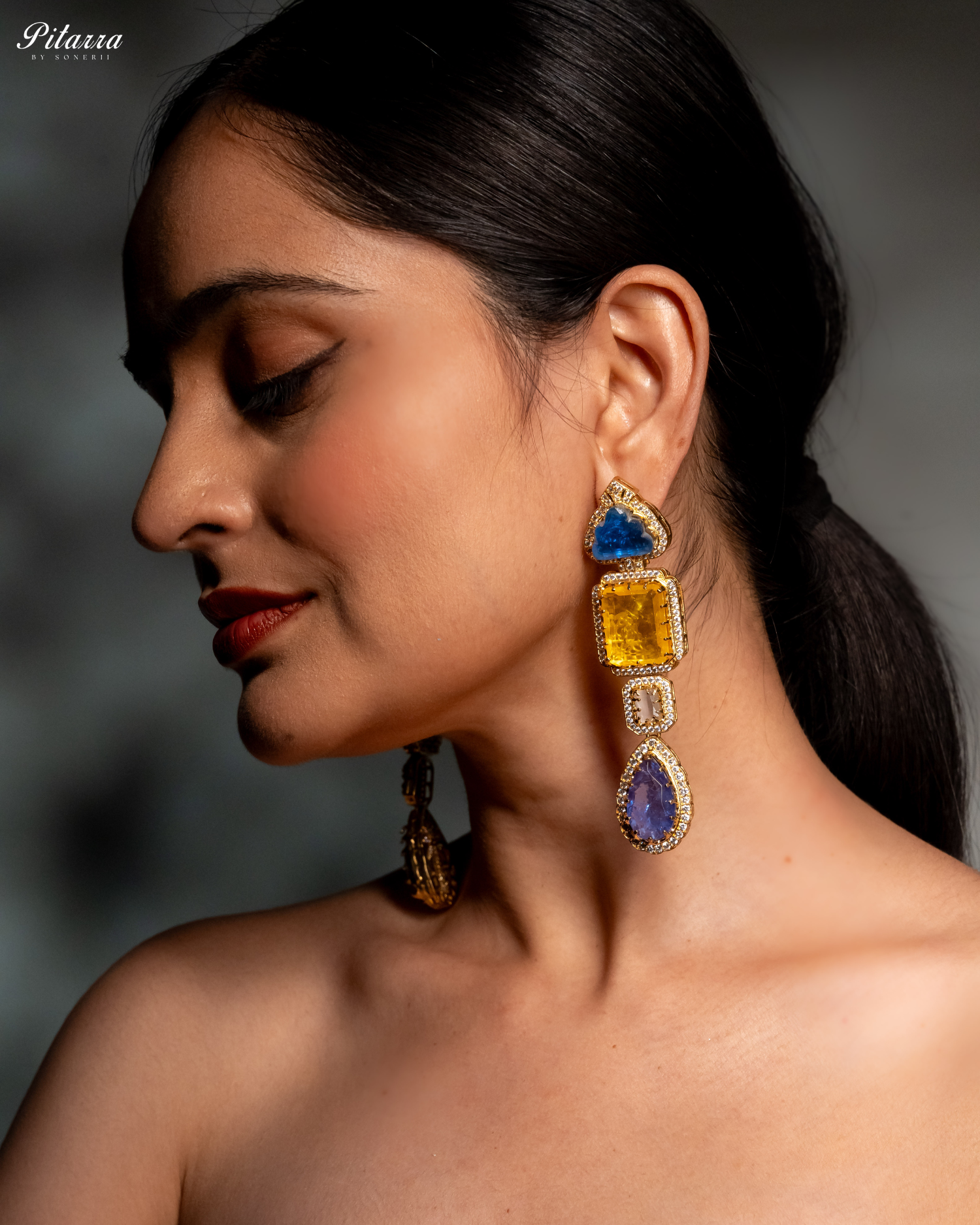 Pitarra Blue and Yellow Doublet Crystal Dangle Earrings