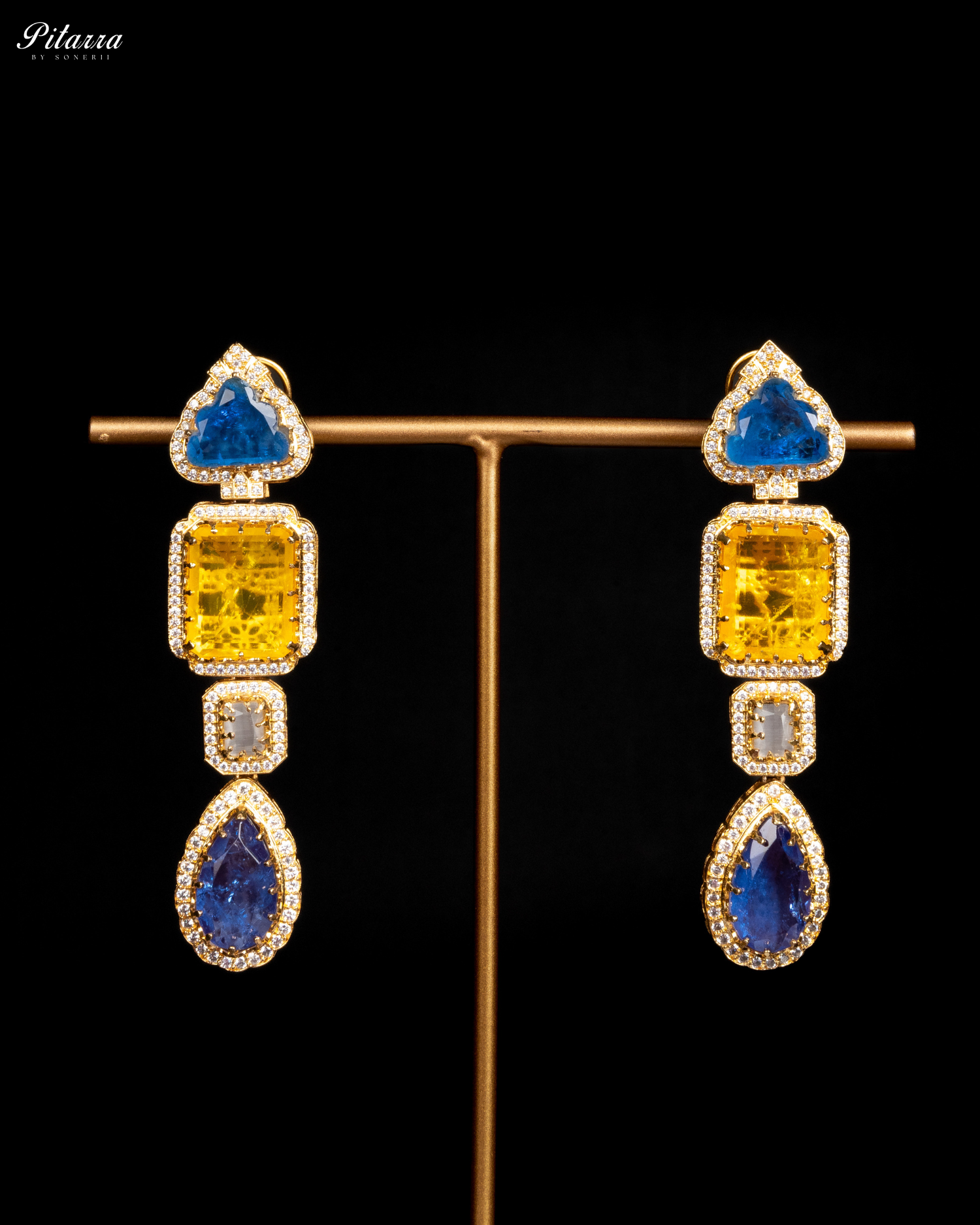 Pitarra Blue and Yellow Doublet Crystal Dangle Earrings Stand Shoot