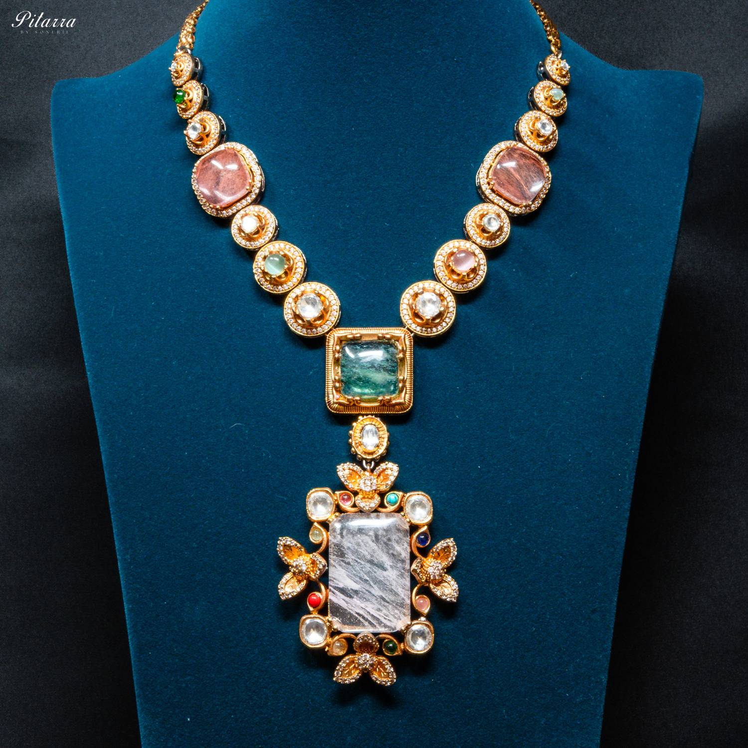 Pitarra Long White Kundan Necklace Set_Front Image
