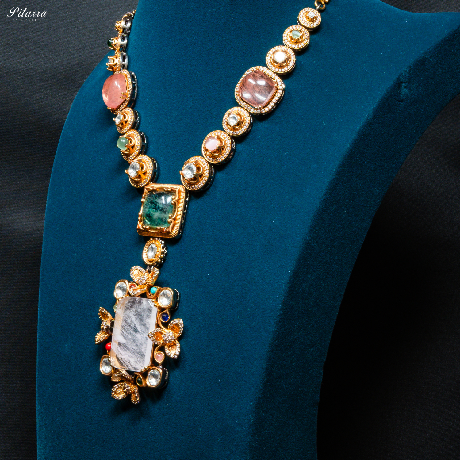 Pitarra Long White Kundan Necklace Set_Side Angle