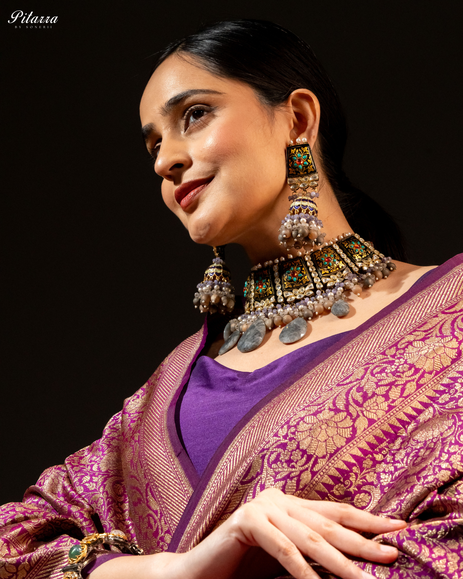 Pitarra Polki Silver Traditional Kundan Choker Necklace Set Model Side Angle