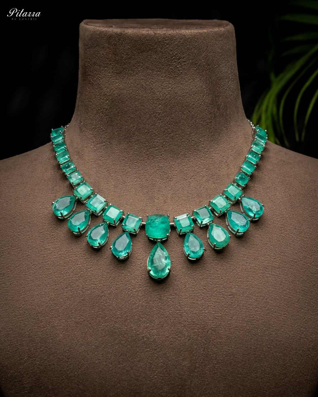 Pitarra Rhodium Green Crystal Necklace Set_Necklace