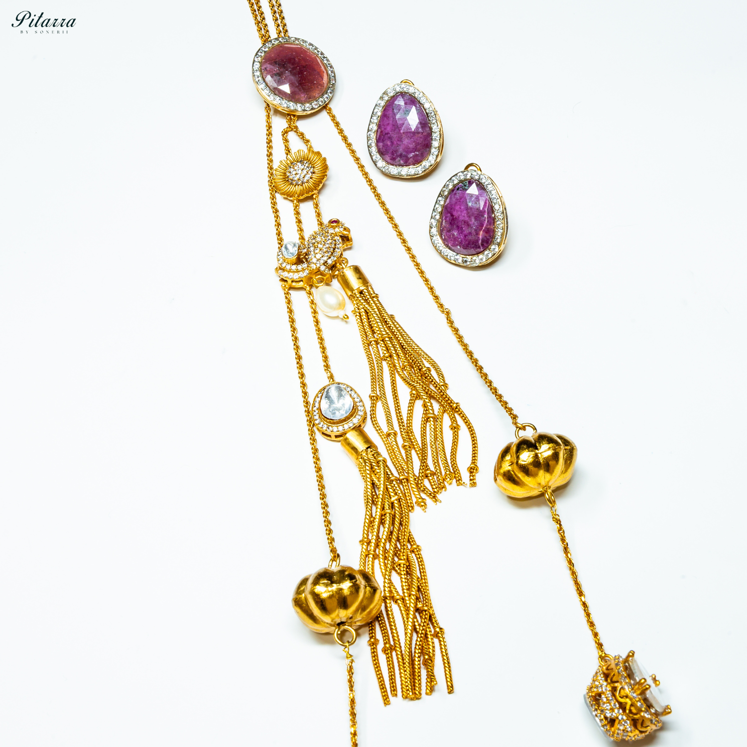 Purple Drop Stone Golden Statement Necklace Set