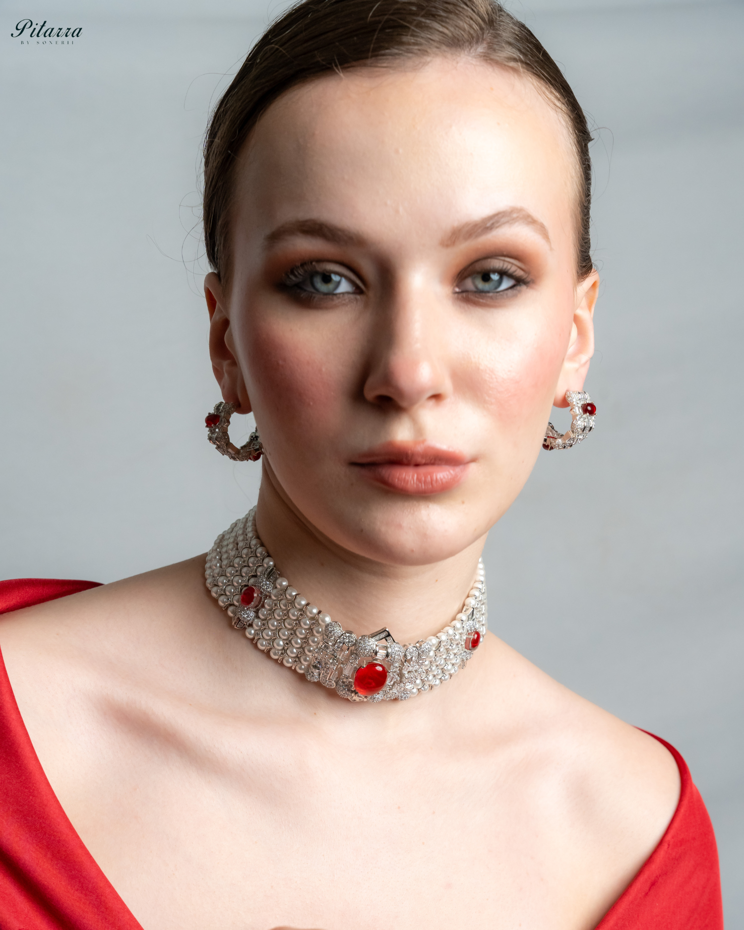 Red Carved Doublet and Pearl Choker_Front  Image